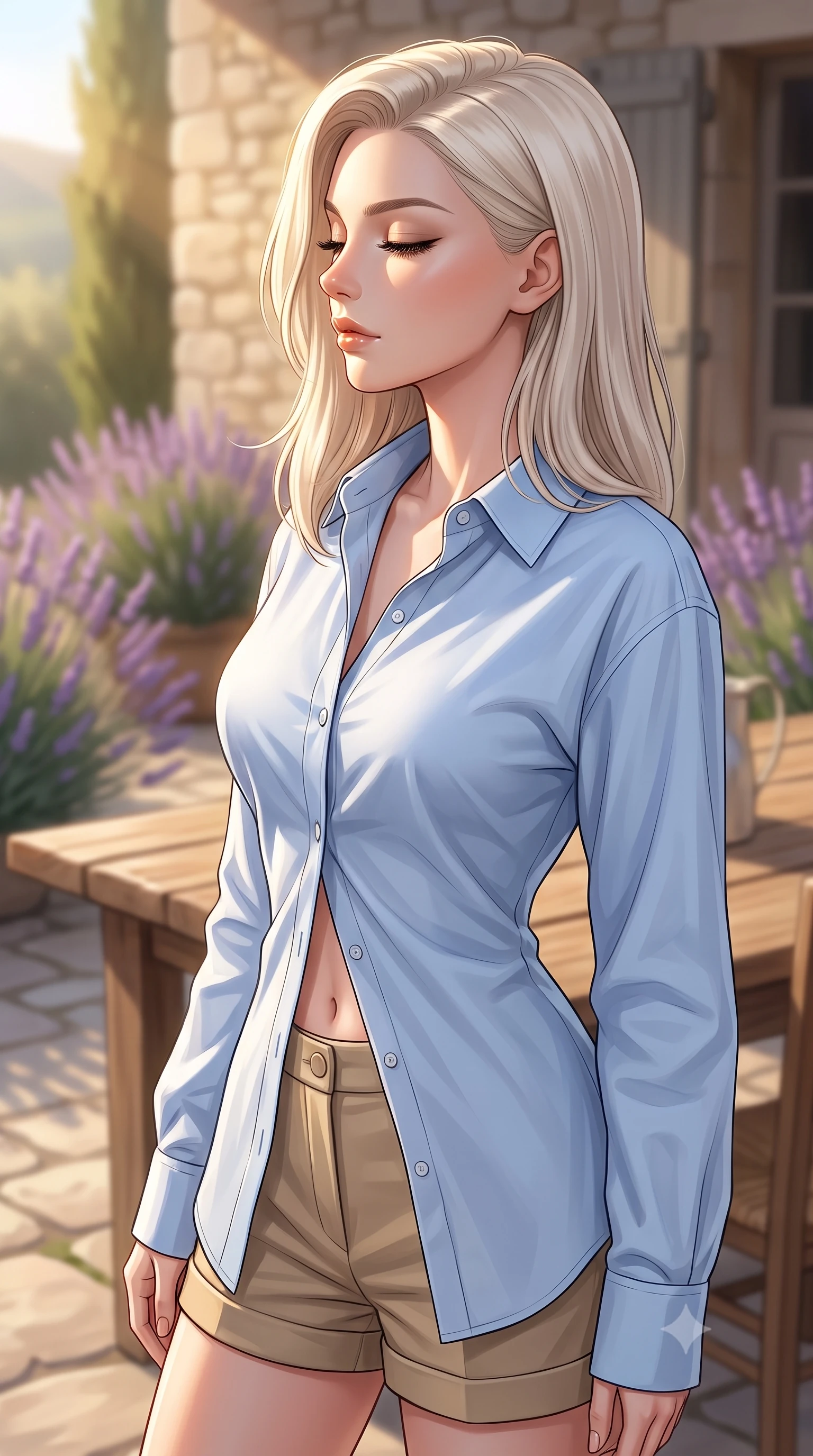 score_9, masterpiece, best quality, ultra-detailed, high-budget anime keyframe, editorial fashion photography, tasteful artistic composition, Caucasian woman woman. close-up cowboy shot from the waist and thighs up, the character dominates the composition, filling the frame with her large presence, background elements kept in soft focus. turning her face in profile to catch the warm sunlight on her cheek, eyes softly closed the background shows a soft-focus a lavender-lined stone patio of a country house in Provence, with a rustic wooden table. She has an exceptionally elegant, slender, and willowy female figure with an ultra-slim waist, a gracefully sculpted slender torso, and a refined silhouette. sharp v-shaped jawline, high-bridge nose, intricate jewel-like eyes with depth, thick eyelashes, glossy lips with a natural sheen. wearing a form-contouring oversized light blue cotton button-down shirt paired with tailored khaki shorts. soft golden afternoon sunbeams, casting a peaceful country glow. 2k, ultra detail, master piece, 9:16 ratio