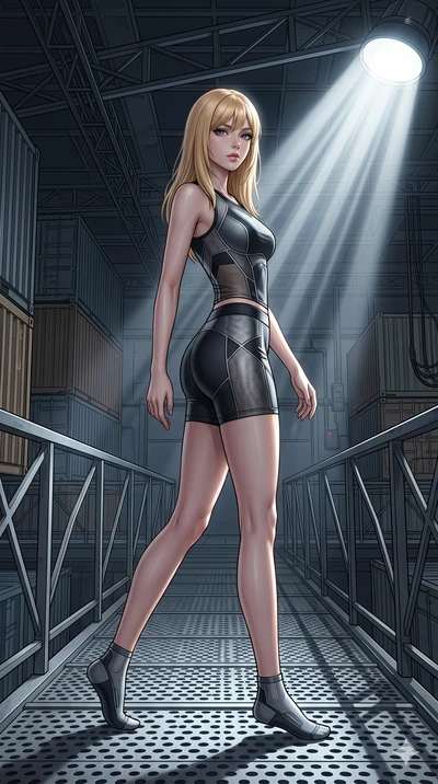 score_9, masterpiece, best quality, ultra-detailed, high-budget anime keyframe, editorial fashion photography, tasteful artistic composition, Japanese woman. low angle full-body shot from head to toe showing her feet, filling the entire 9:16 vertical