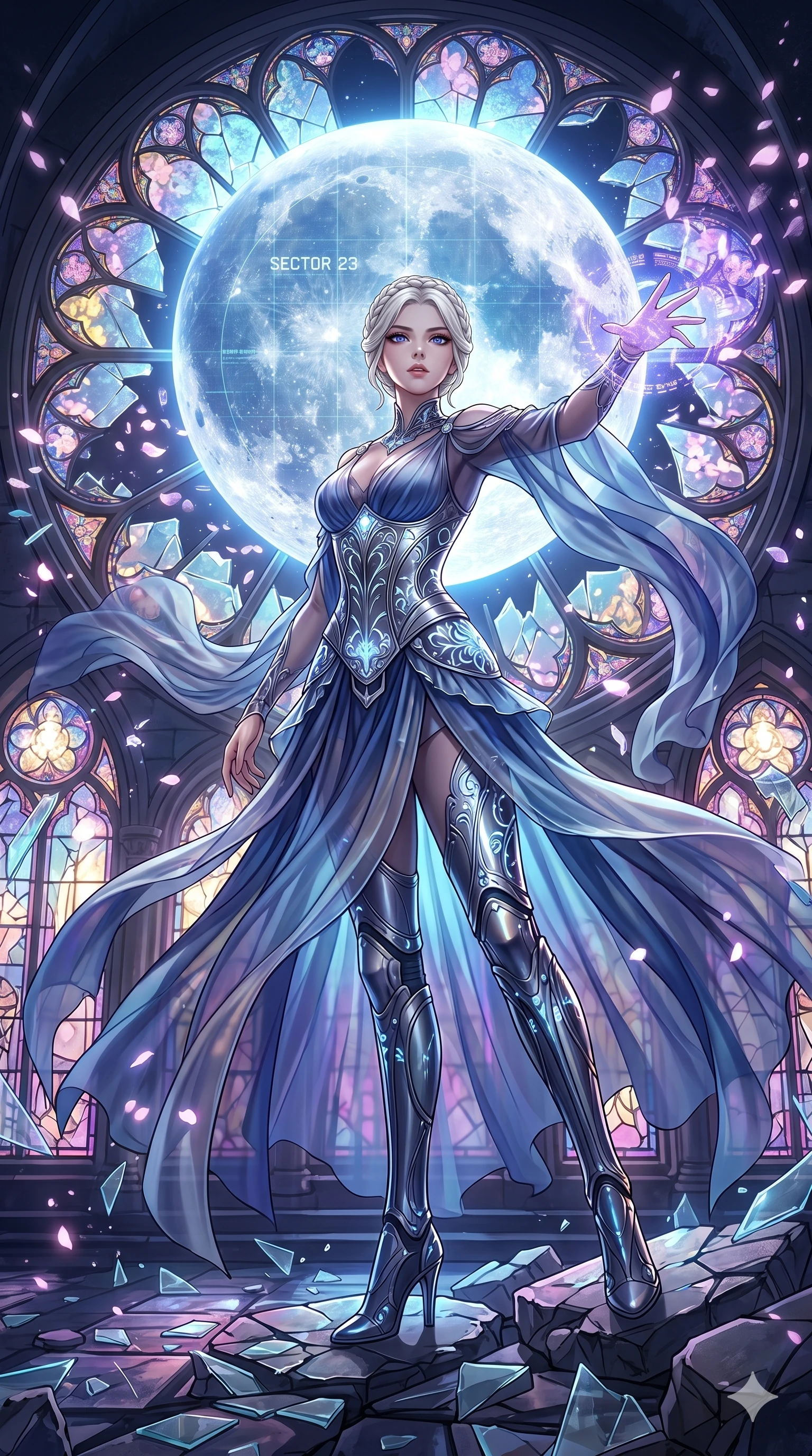 score_9, masterpiece, best quality, ultra-detailed, Set A: High-budget Anime Keyframe, Korean woman. Low angle cowboy shot filling the entire 9:16 frame with her statuesque presence. Casting a spell through a shattered glass cathedral, with a massive holographic moon rising behind her marked as sector 23 and surrounded by digital sakura petals. She has an absolutely perfect 8-heads proportion, an exceptionally tall and slender female figure with impossibly long slender legs and an ultra-slim waist. Sharp v-shaped jawline, high-bridge nose, intricate jewel-like eyes with depth, thick eyelashes, glossy lips with a natural sheen. Wearing Sheer chiffon gown with a metallic corset and bioluminescent floral patterns. Cinematic lighting, vibrant colors, dramatic shadows, 2k, ultra detail, master piece, 9:16 ratio