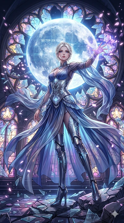 score_9, masterpiece, best quality, ultra-detailed, Set A: High-budget Anime Keyframe, Korean woman. Low angle cowboy shot filling the entire 9:16 frame with her statuesque presence. Casting a spell through a shattered glass cathedral, with a massive