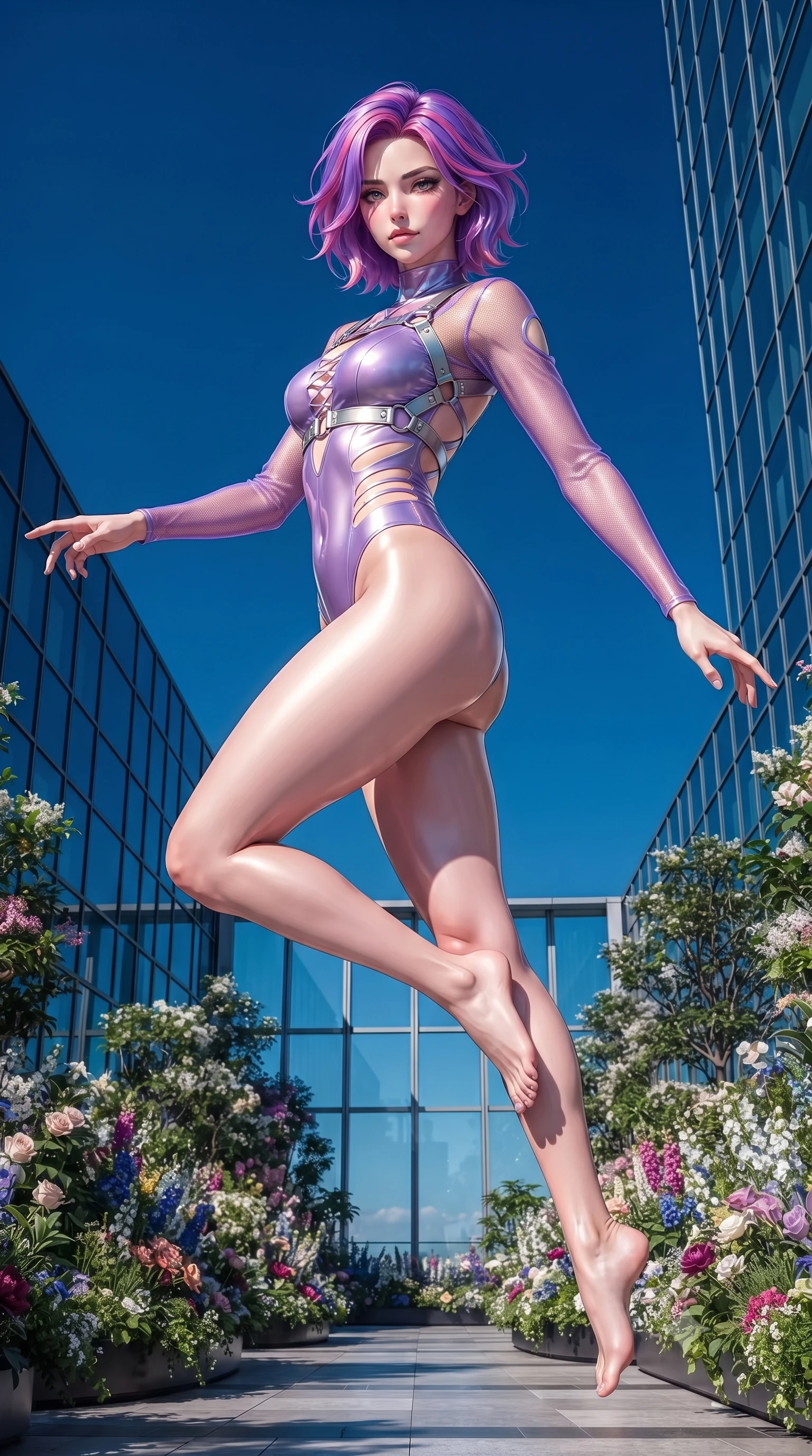 score_9, masterpiece, best quality, ultra-detailed, high-budget anime keyframe, editorial fashion photography, tasteful artistic composition, Caucasian woman. low angle full-body shot from head to toe showing her feet, filling the entire 9:16 vertical frame with her statuesque presence, stretching her vertical silhouette. performing an alluring mid-air vault with flawless poise, looking directly into the camera with smoldering intensity while standing with statuesque poise on a 120th-floor sky-garden terrace flanked by lush blooming flora and clear blue skies. The surrounding environment is rendered in vivid detail and crisp panoramic clarity. crisp architectural tower glass facets, detailed sky-garden flower arrangements, and endless blue sky in deep focus. She has an absolutely perfect, statuesque 8.5-heads proportion, an exceptionally tall and slender model-like female figure with impossibly long slender legs, a toned flat midriff, and an ultra-slim waist. sharp v-shaped jawline, high-bridge nose, intricate jewel-like eyes with depth, thick eyelashes, glossy lips with a natural sheen, flawlessly proportioned anatomical accuracy, strict slender model proportions, natural body alignment, perfectly sculpted long slender limbs, ultra-slim waistline, clean dynamic posture without body distortion. wearing an ultra-sleek high-cut tech-bodysuit featuring dangerous diagonal slitted cutouts on the midriff and shoulders, reinforced by a metallic silver harness and sheer mesh sleeves in luminous lavender violet and rose gold, crafted from ultra-reflective second-skin latex with a high-gloss glass-like polish, complemented by criss-cross back straps highlighting her completely bare spine, the sleek second-skin cut tightly hugging her graceful clavicle, narrow waist, and feminine curves with athletic precision. surrounded by an exhilarating, elevated, and radiantly sensual rooftop garden aura. ultra-reflective glossy finish, specular highlights, metallic sheen, high-contrast stereoscopic depth, volumetric dynamic lighting, 2k, ultra detail, master piece, 9:16 ratio
