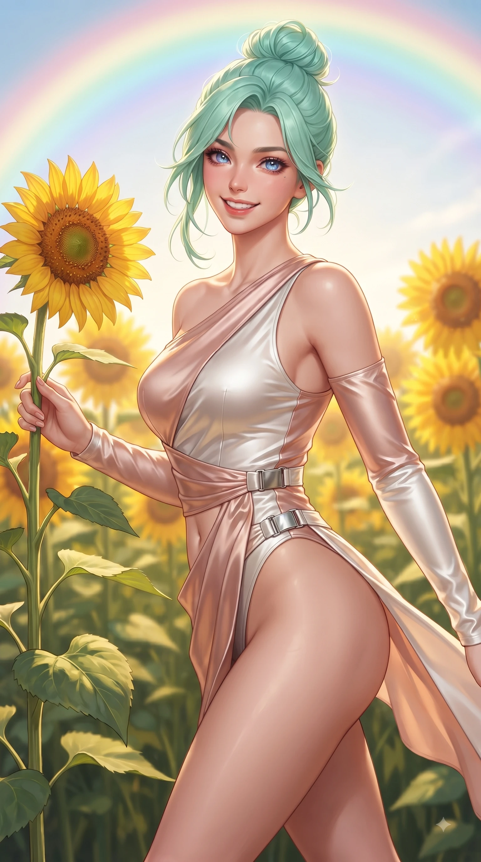 score_9, masterpiece, best quality, ultra-detailed, high-budget anime keyframe, editorial fashion photography, tasteful artistic composition, Japanese woman. close-up cowboy shot from the waist and thighs up, the character dominates the composition, filling the frame with her large presence, background elements kept in soft focus. Gazing directly into the camera with a joyful, infectious smile as her torso curves dynamically in mid-stride while reaching out to touch a towering sunflower stalk while beaming happily into the camera lens, vivid golden sunflowers swaying in a gentle spring breeze under a radiant rainbow arc. She has an exceptionally elegant, slender, and willowy female figure with an ultra-slim waist, a gracefully sculpted slender torso, and a refined silhouette. sharp v-shaped jawline, high-bridge nose, intricate jewel-like eyes with depth, thick eyelashes, glossy lips with a natural sheen, flawlessly proportioned anatomical accuracy, natural body alignment, perfectly sculpted elegant limbs, clean dynamic posture without body distortion. wearing an asymmetrical high-cut tech-bodysuit with detached sleeves in pearl white and rose gold, crafted from lustrous satin jersey with fluid draping, detailed with polished silver buckles along the waistline, the glove-like fit emphasizing her statuesque silhouette during motion. surrounded by a vibrant, uplifting atmosphere filled with golden radiance. ultra-reflective glossy finish, specular highlights, metallic sheen, high-contrast stereoscopic depth, volumetric dynamic lighting, 2k, ultra detail, master piece, 9:16 ratio