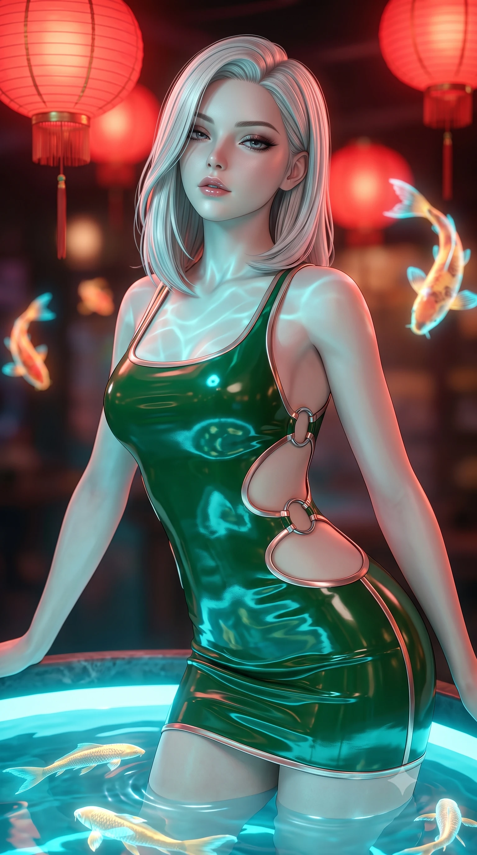 score_9, masterpiece, best quality, ultra-detailed, high-budget anime keyframe, semi-realistic 3D game render, editorial fashion photography, tasteful artistic composition, Caucasian woman. close-up cowboy shot from the waist and thighs up, the character dominates the composition, filling the frame with her large presence. casting a slow, smoldering gaze beneath heavy lashes with parted glossy lips, her head slightly tilted in captivating self-assurance while leaning over a glowing water basin as golden digital fish ripple light across her clavicle and chest. The composition keeps background elements in soft focus with creamy bokeh. glowing red paper lanterns and swimming holographic koi blurred into warm oriental bokeh. She has an exceptionally elegant, slender, and willowy female figure with an ultra-slim waist, a gracefully sculpted slender torso, and a refined silhouette. sharp v-shaped jawline, high-bridge nose, intricate jewel-like eyes with depth, thick eyelashes, glossy lips with a natural sheen, flawlessly proportioned anatomical accuracy, natural body alignment, perfectly sculpted elegant limbs, clean dynamic posture without body distortion. wearing a second-skin fashion-latex mini dress with a clean architectural front, featuring an open-back design that wraps around the sides of her waist, showcasing her slender silhouette in emerald green and metallic rose gold trim, formed from high-gloss patent material with specular light reflections, detailed with polished silver rings connecting the daring side-waist cutouts, the daring cutouts accentuating her delicate midriff, graceful collarbones, and feminine contour. bathed in warm crimson lantern glow and cool cyan holographic koi refractions. highly saturated vibrant anime colors, detailed shading with soft gradients, rich glossy textures, high-contrast stereoscopic depth, volumetric dynamic lighting, master piece, 9:16 ratio