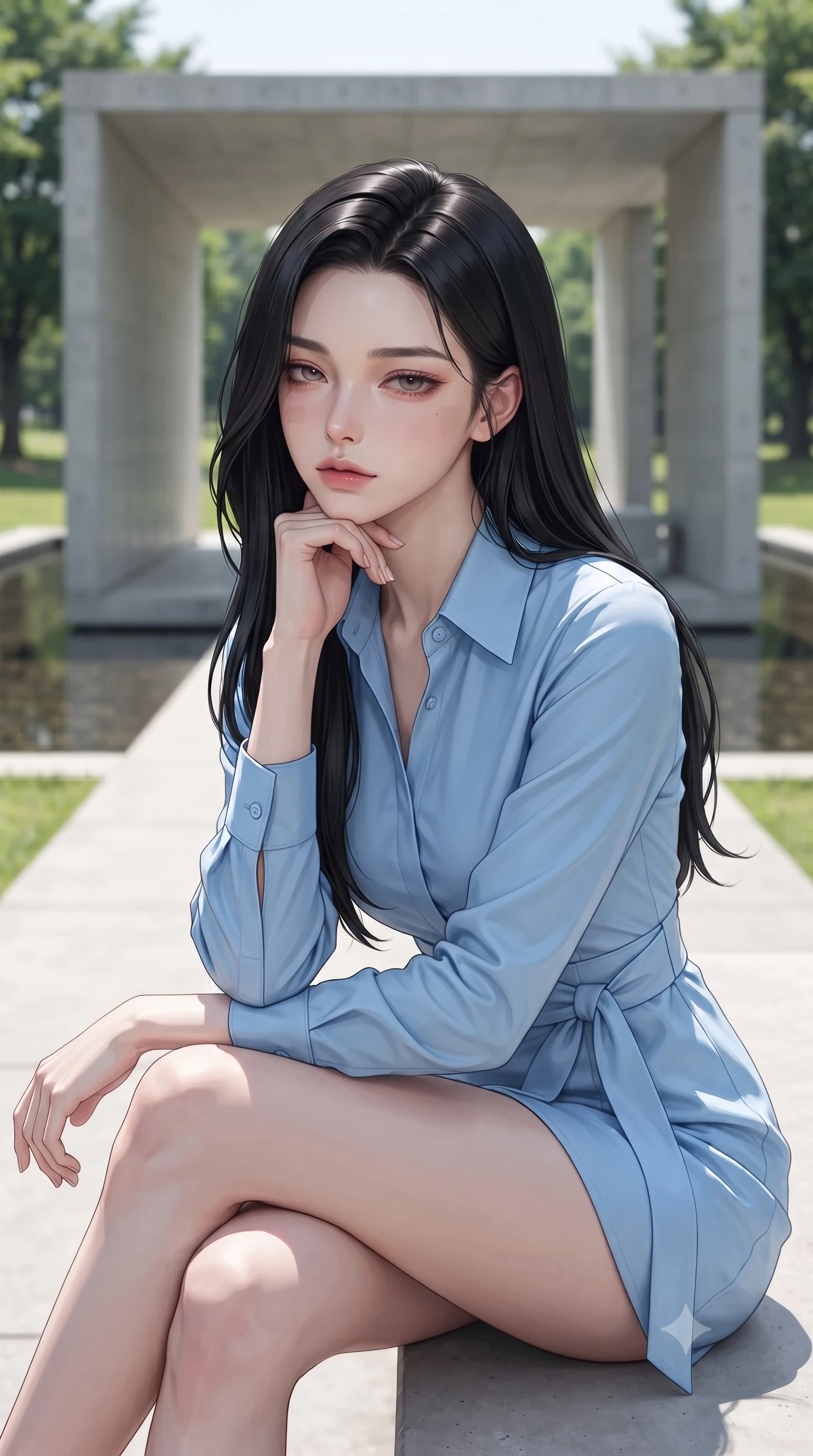 score_9, masterpiece, best quality, ultra-detailed, high-budget anime keyframe, editorial fashion photography, tasteful artistic composition, Korean woman woman. close-up cowboy shot from the waist and thighs up, the character dominates the composition, filling the frame with her large presence, background elements kept in soft focus. resting her chin on the backs of her fingers, casting a heavy-lidded, sultry look past the camera the background shows a soft-focus a minimalist concrete pavilion in a green park, with water pools reflecting the structure. She has an exceptionally elegant, slender, and willowy female figure with an ultra-slim waist, a gracefully sculpted slender torso, and a refined silhouette. sharp v-shaped jawline, high-bridge nose, intricate jewel-like eyes with depth, thick eyelashes, glossy lips with a natural sheen. wearing a form-contouring tailored cotton wrap shirt dress in sky blue with a neat collar and structured waist tie. bright midday sun rays creating clean, sharp shadows and reflections. ultra-reflective glossy finish, specular highlights, metallic sheen, high-contrast stereoscopic depth, volumetric dynamic lighting, 2k, ultra detail, master piece, 9:16 ratio