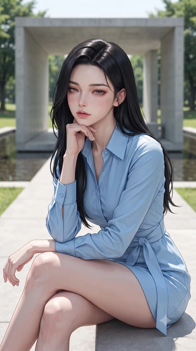 score_9, masterpiece, best quality, ultra-detailed, high-budget anime keyframe, editorial fashion photography, tasteful artistic composition, Korean woman woman. close-up cowboy shot from the waist and thighs up, the character dominates the compositi