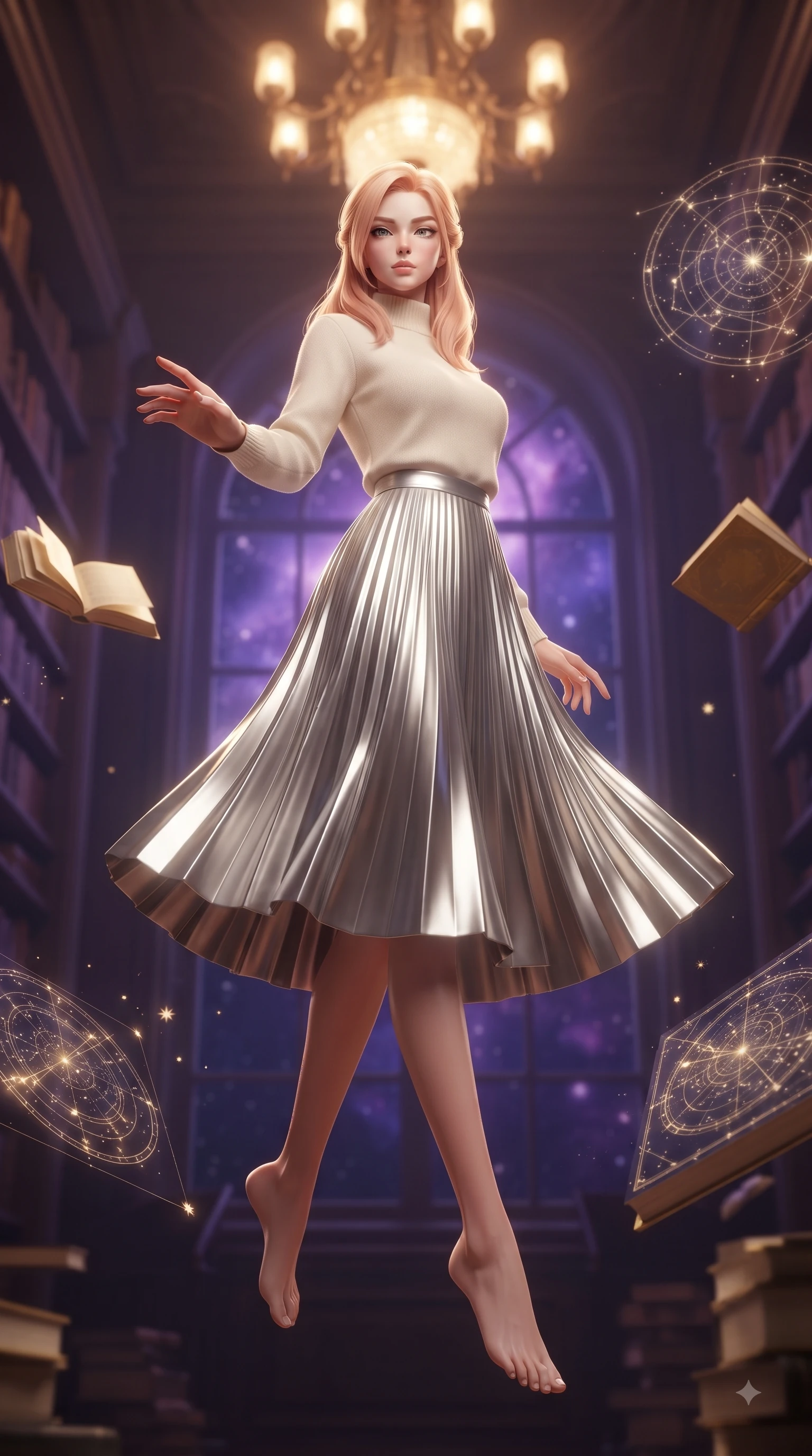 score_9, masterpiece, best quality, ultra-detailed, high-budget anime keyframe, editorial fashion photography, tasteful artistic composition, Japanese woman woman. low angle full-body shot from head to toe showing her feet, filling the entire 9:16 vertical frame with her statuesque presence, stretching her vertical silhouette. She has an absolutely perfect, statuesque 8.5-heads proportion, an exceptionally tall and slender model-like female figure with impossibly long slender legs and an ultra-slim waist. floating dynamically in zero-gravity with flawless poise, reaching her hand forward gracefully, flawlessly proportioned anatomical accuracy, natural body alignment, perfectly sculpted elegant limbs, clean dynamic posture without body distortion. set against a soft-focus background of a grand baroque library with floating golden books and star charts. wearing an elegant high-neck cashmere sweater with a pleated metallic silver A-line skirt. bathed in warm ambient chandelier glow contrasting with deep space nebula purple light. ultra-reflective glossy finish, specular highlights, metallic sheen, high-contrast stereoscopic depth, volumetric dynamic lighting, 2k, ultra detail, master piece, 9:16 ratio