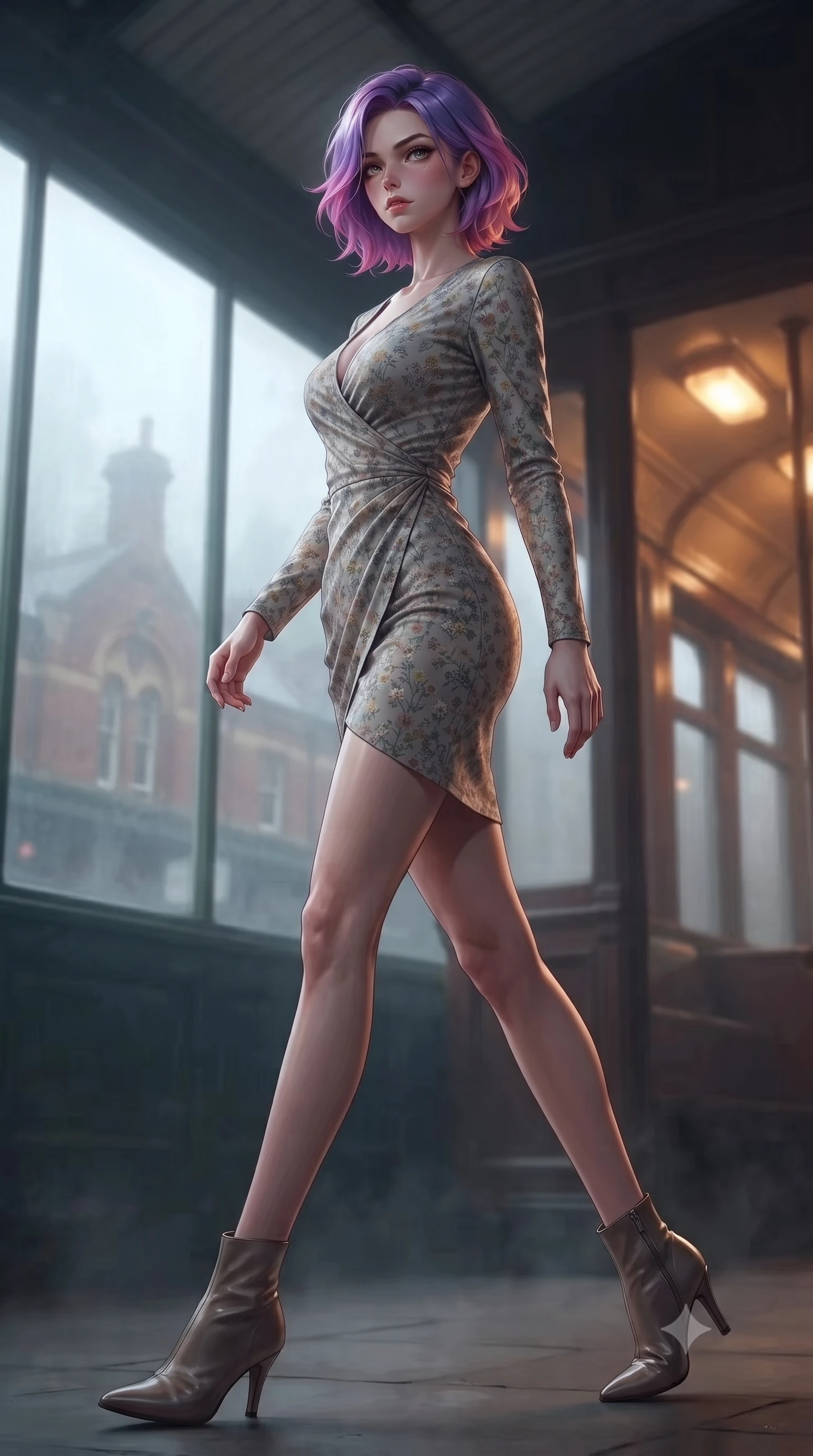 score_9, masterpiece, best quality, ultra-detailed, high-budget anime keyframe, editorial fashion photography, tasteful artistic composition, Caucasian woman. low angle full-body shot from head to toe showing her feet, filling the entire 9:16 vertical frame with her statuesque presence, stretching her vertical silhouette. stepping gracefully while looking back over her shoulder, her dress draped tightly to reveal her silhouette the background shows a soft-focus a train platform vestibule with misty windows showing a historic brick station. She has an absolutely perfect, statuesque 8.5-heads proportion, an exceptionally tall and slender model-like female figure with impossibly long slender legs and an ultra-slim waist. sharp v-shaped jawline, high-bridge nose, intricate jewel-like eyes with depth, thick eyelashes, glossy lips with a natural sheen. wearing a slim-fit flowy floral-patterned wrap dress with long sleeves and a modest V-neck. cool ambient daylight contrasting with the warm amber glow of the train's interior lights. ultra-reflective glossy finish, specular highlights, metallic sheen, high-contrast stereoscopic depth, volumetric dynamic lighting, 2k, ultra detail, master piece, 9:16 ratio