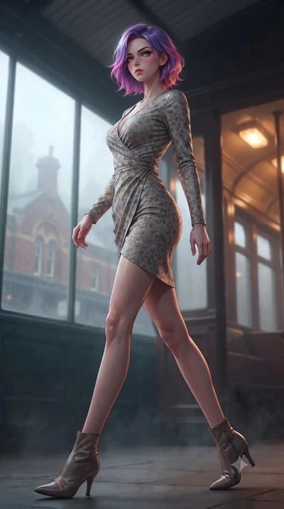 score_9, masterpiece, best quality, ultra-detailed, high-budget anime keyframe, editorial fashion photography, tasteful artistic composition, Caucasian woman. low angle full-body shot from head to toe showing her feet, filling the entire 9:16 vertica