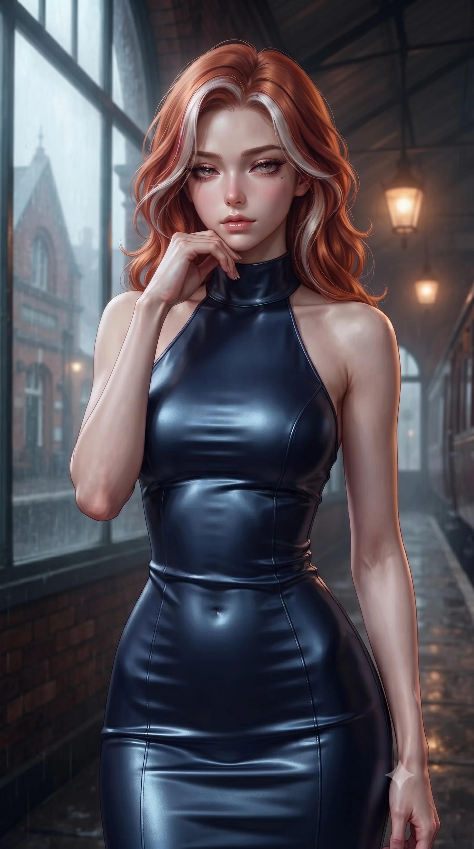 score_9, masterpiece, best quality, ultra-detailed, high-budget anime keyframe, editorial fashion photography, tasteful artistic composition, Caucasian woman. close-up cowboy shot from the waist and thighs up, the character dominates the composition, filling the frame with her large presence, background elements kept in soft focus. resting her chin on the backs of her fingers, casting a heavy-lidded, sultry look past the camera the background shows a soft-focus a train platform vestibule with misty windows showing a historic brick station. She has an exceptionally elegant, slender, and willowy female figure with an ultra-slim waist, a gracefully sculpted slender torso, and a refined silhouette. sharp v-shaped jawline, high-bridge nose, intricate jewel-like eyes with depth, thick eyelashes, glossy lips with a natural sheen. wearing a tailored form-fitting halter dress in deep navy blue, contouring her athletic, slender build. cool ambient daylight contrasting with the warm amber glow of the train's interior lights. ultra-reflective glossy finish, specular highlights, metallic sheen, high-contrast stereoscopic depth, volumetric dynamic lighting, 2k, ultra detail, master piece, 9:16 ratio