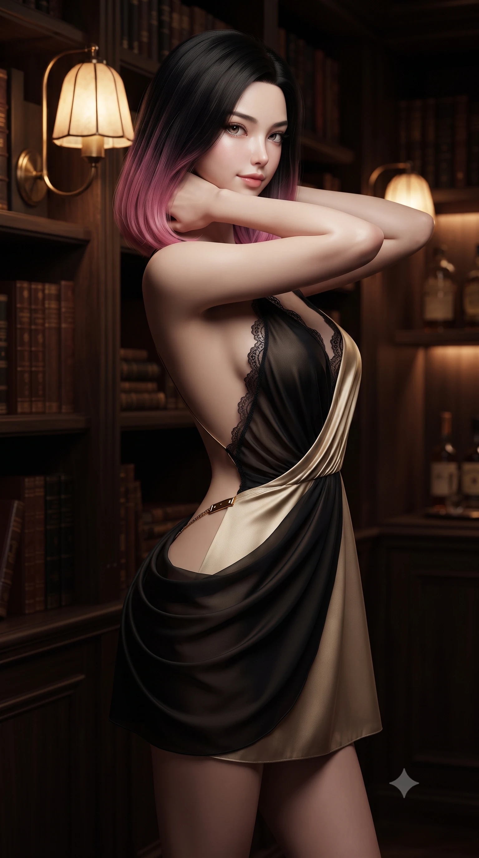 score_9, masterpiece, best quality, ultra-detailed, high-budget anime keyframe, editorial fashion photography, tasteful artistic composition, Korean woman. close-up cowboy shot from the waist and thighs up, the character dominates the composition, filling the frame with her large presence. resting both hands lightly behind her neck with elbows raised, arching her spine to highlight her narrow waist, flat midriff, and breathtaking collarbones while standing poised between floor-to-ceiling dark walnut bookshelves with hips cocked back, looking back with an intoxicating, smoldering half-smile. The background shows a soft-focus vintage brass reading lamps softened in secluded intellectual boudoir shallow focus. She has an exceptionally elegant, slender, and willowy female figure with an ultra-slim waist, flat toned midriff, narrow ribcage, and sculpted feminine hips creating an alluring, slim hourglass silhouette without bulk. sharp v-shaped jawline, high-bridge nose, sparkling eyes with hypnotic seductive depth, thick curled eyelashes, glossy parted lips with a natural dewy peach sheen, alluring bedroom-eyes with an enchanting coquettish smile, exuding magnetic siren charisma and sophisticated glamour, flawlessly proportioned anatomical accuracy, strict slender model proportions, natural body alignment, perfectly sculpted long slender limbs, ultra-slim waistline, clean dynamic posture without body distortion. wearing a draped Greek-goddess style silk chiffon mini toga dress with an open back and golden hip fibula in midnight obsidian black and liquid champagne gold, made of semi-opaque stretch illusion mesh with soft shadowy contours, finished with scalloped eyelash lace trim framing her sweetheart neckline with intimate elegance, the precision-cut side openings and low-back scoop framing her graceful spine and the sensual sweep of her slim, toned hips. bathed in warm moody chiaroscuro lighting spilling from vintage art-deco shaded lamps and the bar niche. ultra-reflective glossy finish, specular highlights, rich textural contrasts, high-contrast stereoscopic depth, volumetric dynamic lighting, 2k, ultra detail, master piece, 9:16 ratio