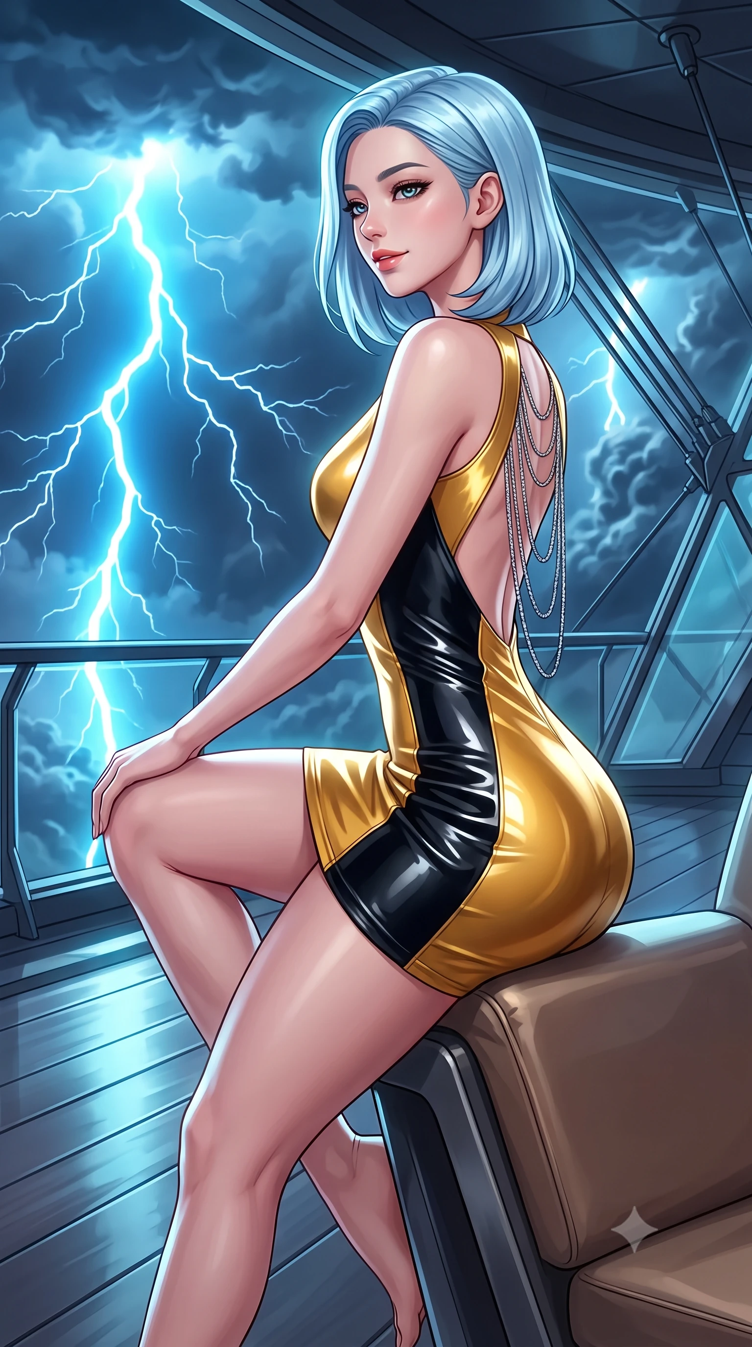 score_9, masterpiece, best quality, ultra-detailed, high-budget anime keyframe, semi-realistic 3D game render, editorial fashion photography, tasteful artistic composition, Korean woman. close-up cowboy shot from the waist and thighs up, the character dominates the composition, filling the frame with her large presence. perched sideways on the lounge seat, one knee drawn up to showcase her slender leg line while her arched back accentuates her feminine hip curve while leaning against the plasma-shielded balcony with hips cocked back, watching colossal blue atmospheric lightning flashes with heavy-lidded bedroom-eyes. The surrounding environment is rendered in vivid detail and crisp panoramic clarity: sharp aerostat suspension cables, anti-radiation glass facets, and swirling storm vortex cloud details in deep focus. She has an exceptionally elegant, slender, and willowy female figure with an ultra-slim waist, flat toned midriff, narrow ribcage, and sculpted feminine hips creating an alluring, slim hourglass silhouette without bulk. sharp v-shaped jawline, high-bridge nose, intricate jewel-like sparkling eyes with depth, thick eyelashes, glossy parted lips with a natural peach sheen, bright cheerful beaming smile with an enchanting and coquettish sensual glint, exuding both youthful cute charm and seductive allure, flawlessly proportioned anatomical accuracy, strict slender model proportions, natural body alignment, perfectly sculpted long slender limbs, ultra-slim waistline, clean dynamic posture without body distortion. wearing an ultra-sleek high-gloss patent leather sheath dress contouring her ultra-slim waistline and feminine hips in solar-flare gold and interstellar onyx, made of fluid liquid jersey with seamless sculpting hold and smooth contours, accented with an open-back drape framed by falling strands of delicate chrome chains, the bespoke structured tailoring following the natural line of her 8.5-heads silhouette with refined elegance. illuminated by deck reflection bounce and sharp cyan-white lightning rim lights defining her jawline, narrow waist, and curvy hips. highly saturated vibrant anime colors, detailed shading with soft gradients, rich glossy textures, high-contrast stereoscopic depth, volumetric dynamic lighting, master piece, 9:16 ratio