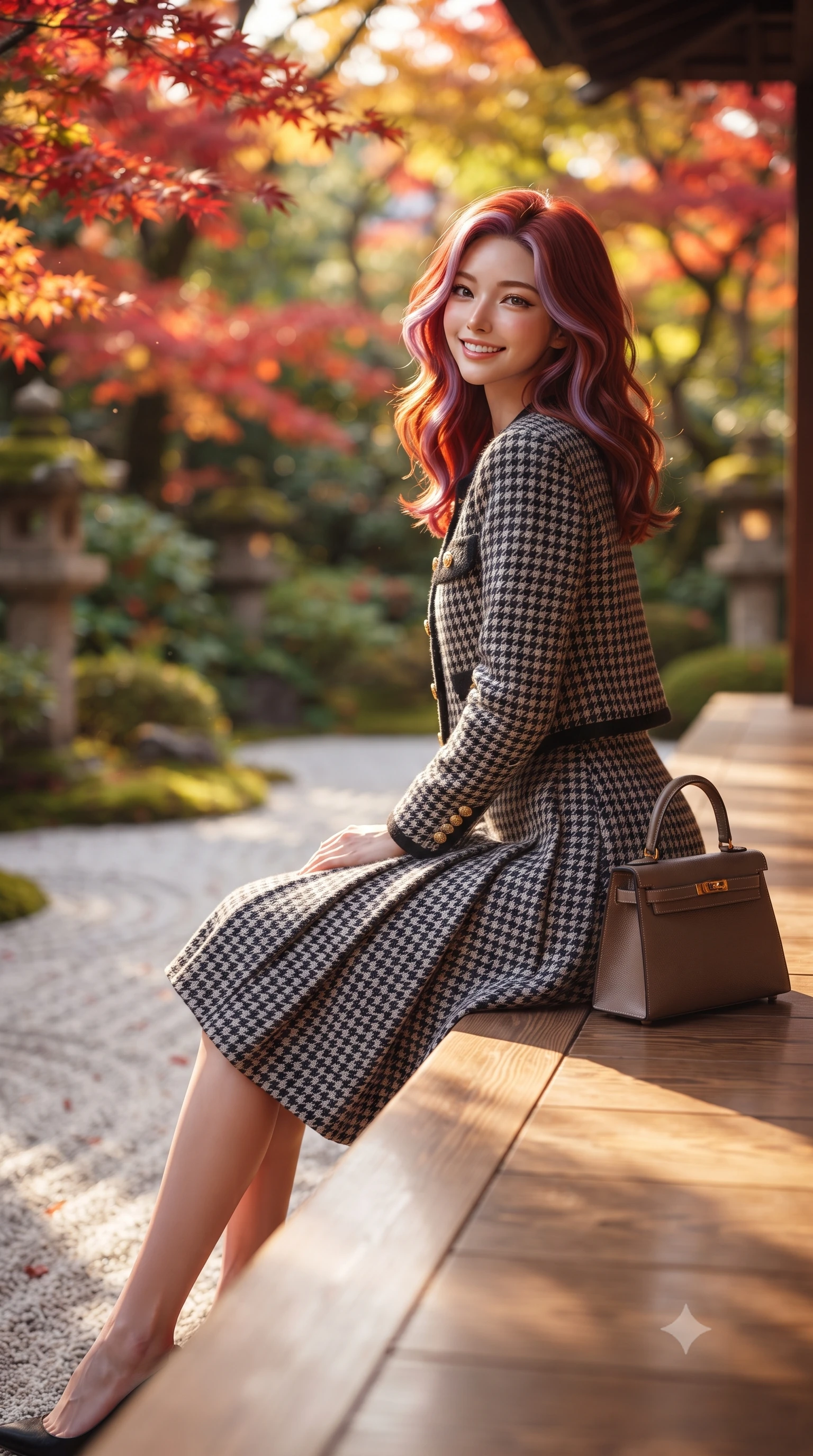 score_9, masterpiece, best quality, ultra-detailed, high-budget anime keyframe, editorial fashion photography, tasteful artistic composition, Caucasian woman. low angle full-body shot from head to toe showing her feet, filling the entire 9:16 vertical frame with her statuesque presence, stretching her vertical silhouette. pausing along the promenade and turning back toward the camera with an infectious, delightful smile and perfect posture while sitting gracefully on the polished cypress wood engawa veranda, legs turned demurely to the side, smiling with gentle Kyoto serenity. The background shows a soft-focus vibrant crimson and vermilion Japanese maple leaves, raked white gravel zen patterns, and mossy stone lanterns blurred into scarlet, amber, and moss green bokeh. She has an exceptionally tall and slender model-like 8.5-heads proportion, an ultra-slim waist, a flat toned midriff, narrow delicate ribcage, and beautifully sculpted feminine hips creating a graceful, slim hourglass silhouette without any bulky heaviness, with impossibly long slender legs. sharp v-shaped jawline, high-bridge nose, intricate jewel-like sparkling eyes with depth, thick eyelashes, glossy parted lips with a natural peach sheen, bright cheerful beaming smile with an enchanting and coquettish sensual glint, exuding both youthful cute charm and seductive allure, flawlessly proportioned anatomical accuracy, strict slender model proportions, natural body alignment, perfectly sculpted long slender limbs, ultra-slim waistline, clean dynamic posture without body distortion. wearing a structured houndstooth tweed jacket with gold embossed buttons and a matching pleated A-line midi skirt in classic Savile Row charcoal houndstooth and crisp ivory, tailored from heavyweight double-faced wool with clean architectural edges, finished with a structured leather top-handle mini bag resting gracefully at her side, the precision-cut high-waisted tailoring accentuating her ultra-slim waist and long slender leg line with immaculate aristocratic poise. bathed in filtered golden autumn sunlight dappled through brilliant red and orange maple foliage. ultra-reflective glossy finish, specular highlights, rich textural contrasts, high-contrast stereoscopic depth, volumetric dynamic lighting, 2k, ultra detail, master piece, 9:16 ratio