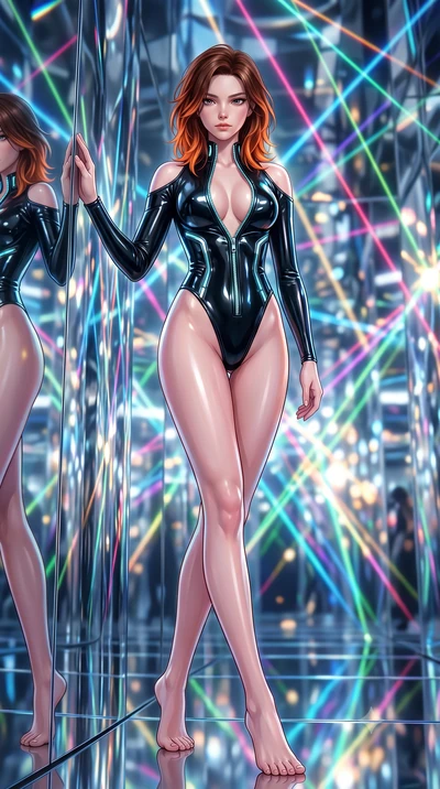 score_9, masterpiece, best quality, ultra-detailed, high-budget anime keyframe, semi-realistic 3D game render, editorial fashion photography, tasteful artistic composition, Korean woman. low angle full-body shot from head to toe showing her feet, fil