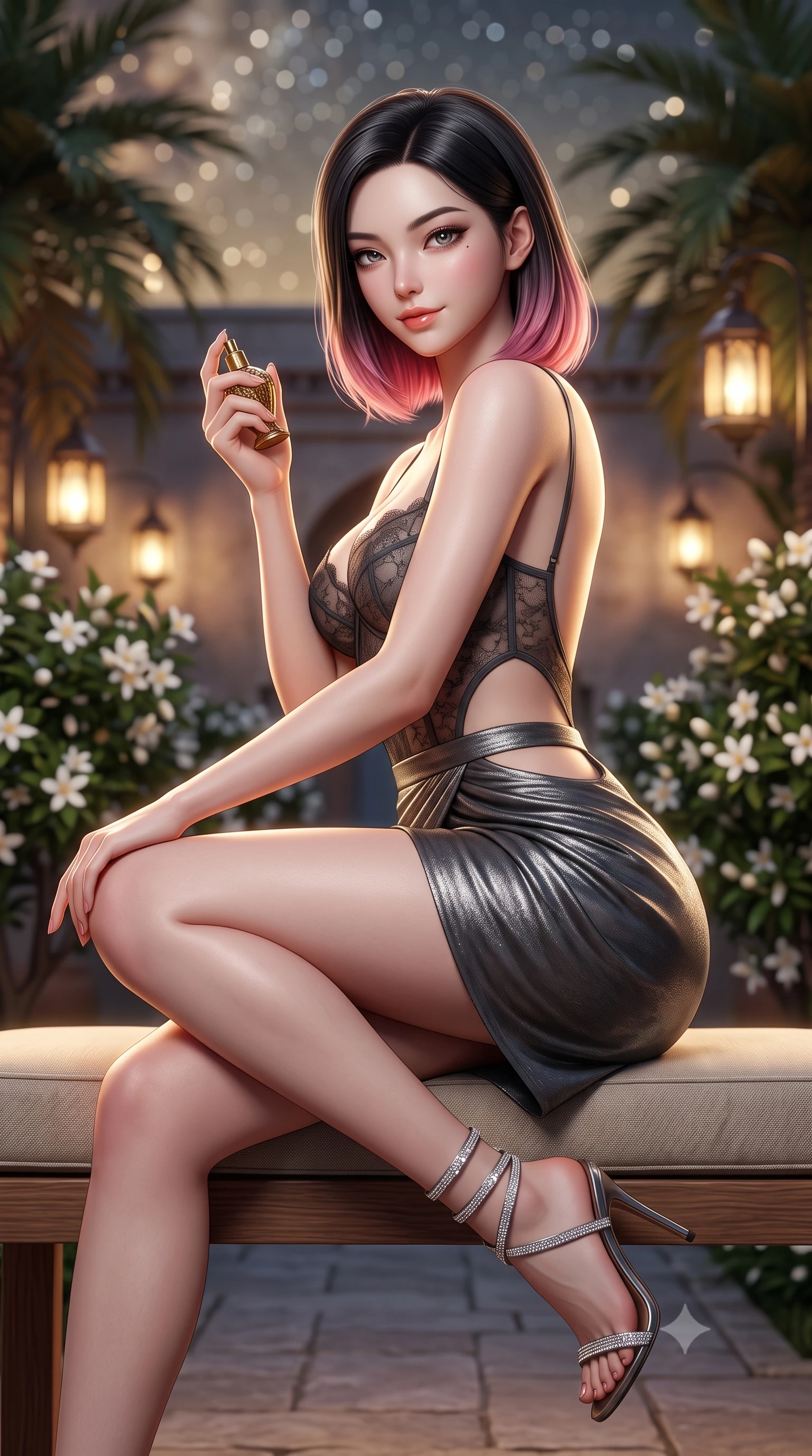 score_9, masterpiece, best quality, ultra-detailed, high-budget anime keyframe, semi-realistic 3D game render, editorial fashion photography, tasteful artistic composition, Korean woman. close-up cowboy shot from the waist and thighs up, the character dominates the composition, filling the frame with her large presence. perched sideways on the lounge seat, one knee drawn up to showcase her slender leg line while her arched back accentuates her feminine hip curve while sitting poised on the low cushioned cedar bench with legs crossed, holding a brass perfume vial with dangerous coquettish allure. The background shows a soft-focus blooming white orange blossom trees in courtyard below, flickering lantern glows among palm fronds, and starry sky blurred into honey, ivory, and obsidian bokeh. She has an exceptionally elegant, slender, and willowy female figure with an ultra-slim waist, flat toned midriff, narrow ribcage, and sculpted feminine hips creating an alluring, slim hourglass silhouette without bulk. sharp v-shaped jawline, high-bridge nose, sparkling eyes with hypnotic seductive depth, thick curled eyelashes, glossy parted lips with a natural dewy peach sheen, alluring bedroom-eyes with an enchanting coquettish smile, exuding magnetic siren charisma and sophisticated glamour, flawlessly proportioned anatomical accuracy, strict slender model proportions, natural body alignment, perfectly sculpted long slender limbs, ultra-slim waistline, clean dynamic posture without body distortion. wearing a sculpted underwire demi-bustier in semi-sheer lace paired with an ultra-short draped tulip skirt in smoky charcoal and metallic platinum, woven from stretch metallic lurex jersey casting radiant starlight glints across her silhouette, complemented by strappy stiletto sandals with crystal ankle wraps accentuating her slender calves, the precision-cut side openings and low-back scoop framing her graceful spine and the sensual sweep of her slim, toned hips. illuminated by warm interior lantern bounce and sharp silver-gold rim lights defining her razor-sharp jawline, narrow waist, and curvy hips. highly saturated vibrant anime colors, detailed shading with soft gradients, rich glossy textures, high-contrast stereoscopic depth, volumetric dynamic lighting, master piece, 9:16 ratio