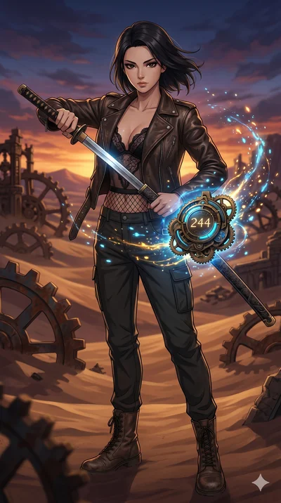 score_9, masterpiece, best quality, ultra-detailed, Set A: High-budget Anime Keyframe, Japanese woman. Low angle cowboy shot filling the entire 9:16 frame with her statuesque presence. Drawing a blade through a clockwork desert, holding a relic that 