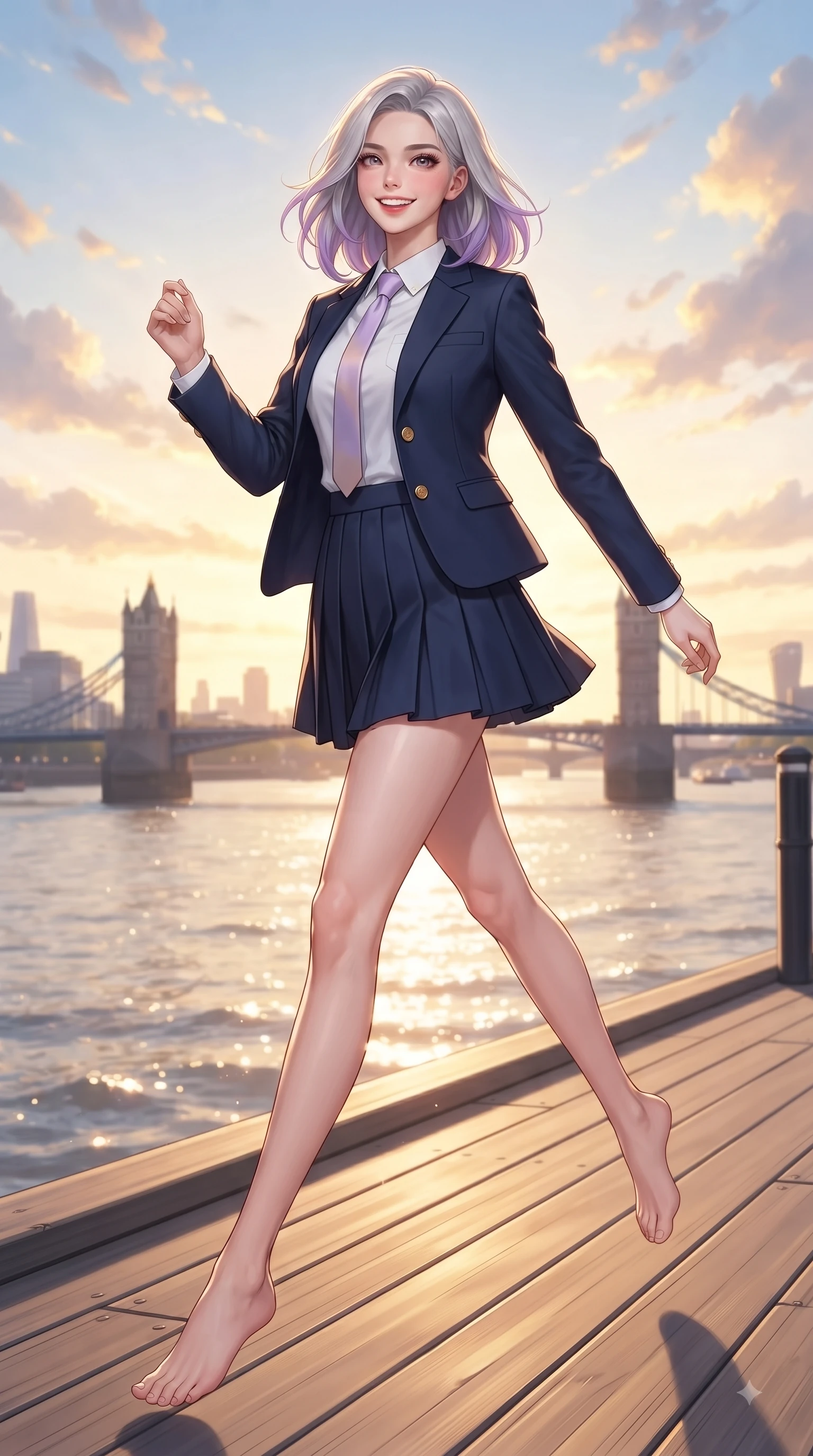 score_9, masterpiece, best quality, ultra-detailed, high-budget anime keyframe, editorial fashion photography, tasteful artistic composition, Caucasian woman. low angle full-body shot from head to toe showing her feet, filling the entire 9:16 vertical frame with her statuesque presence, stretching her vertical silhouette. leaping with pure youthful energy through the scene with a radiant bright smile, her long slender legs balanced gracefully while pivoting in a happy stride along a sunlit wooden pier overlooking calm river waters. The surrounding environment is rendered in vivid detail and crisp panoramic clarity. sparkling river waters, iconic city bridge silhouettes, and vibrant golden sunset sky clouds in crisp detail. She has an absolutely perfect, statuesque 8.5-heads proportion, an exceptionally tall and slender model-like female figure with impossibly long slender legs and an ultra-slim waist. sharp v-shaped jawline, high-bridge nose, intricate jewel-like eyes with depth, thick eyelashes, glossy lips with a natural sheen, flawlessly proportioned anatomical accuracy, natural body alignment, perfectly sculpted elegant limbs, clean dynamic posture without body distortion. wearing a preppy academy blazer over a crisp collared shirt, navy pleated skirt, and a slim necktie in pastel lilac and soft rose gold, made of comfortable premium stretch denim and soft jersey, finished with neat front wooden buttons and pocket details, the chic real-way fashion cut emphasizing her effortless charm. illuminated by soft glowing sunset reflections with cheerful golden rim lights. ultra-reflective glossy finish, specular highlights, metallic sheen, high-contrast stereoscopic depth, volumetric dynamic lighting, 2k, ultra detail, master piece, 9:16 ratio