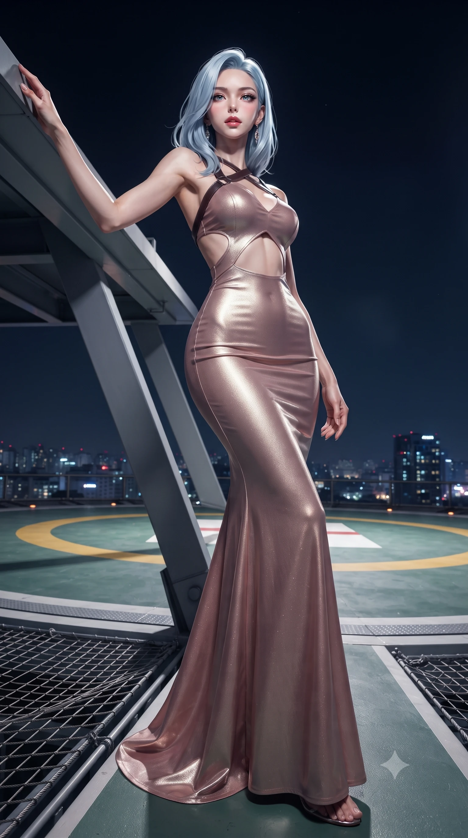 score_9, masterpiece, best quality, ultra-detailed, high-budget anime keyframe, editorial fashion photography, tasteful artistic composition, Korean woman. low angle full-body shot from head to toe showing her feet, filling the entire 9:16 vertical frame with her statuesque presence, stretching her vertical silhouette. leaning deep against the structural architecture with hips cocked in an unapologetically bold, seductive high-fashion stance while standing poised at the center of the rooftop helipad facing the gale-force night wind, arching her spine in pure exhilaration as her dress flutters violently. The surrounding environment is rendered in vivid detail and crisp panoramic clarity. sharp painted helipad circle markings, non-slip deck textures, and safety net steel cables in deep focus. She has an exceptionally tall and slender model-like 8.5-heads proportion, an ultra-slim waist, a flat toned midriff, narrow delicate ribcage, and beautifully sculpted feminine hips creating a graceful, slim hourglass silhouette without any bulky heaviness, with impossibly long slender legs. sharp v-shaped jawline, high-bridge nose, intricate jewel-like eyes with depth, thick eyelashes, glossy parted lips with a natural sheen, intensely captivating and seductive bedroom-eyes expression, flawlessly proportioned anatomical accuracy, strict slender model proportions, natural body alignment, perfectly sculpted long slender limbs, ultra-slim waistline, clean dynamic posture without body distortion. wearing a sculptured liquid-satin mermaid gown with an architectural open-waist cutout and bare spine in dusky blush rose and champagne shimmer, crafted from luxurious metallic lamé that shifts radiance with every step, featuring an open-back criss-cross harness strap in dark leather, the liquid-tight tailored fabric clinging flawlessly to her narrow waist and rounded feminine hips, emphasizing every millimeter of her sculpted slim hourglass curves without any bulky heaviness. surrounded by an untouchable, daring, and wildly charismatic skyline empress aura. ultra-reflective glossy finish, specular highlights, rich textural contrasts, high-contrast stereoscopic depth, volumetric dynamic lighting, 2k, ultra detail, master piece, 9:16 ratio