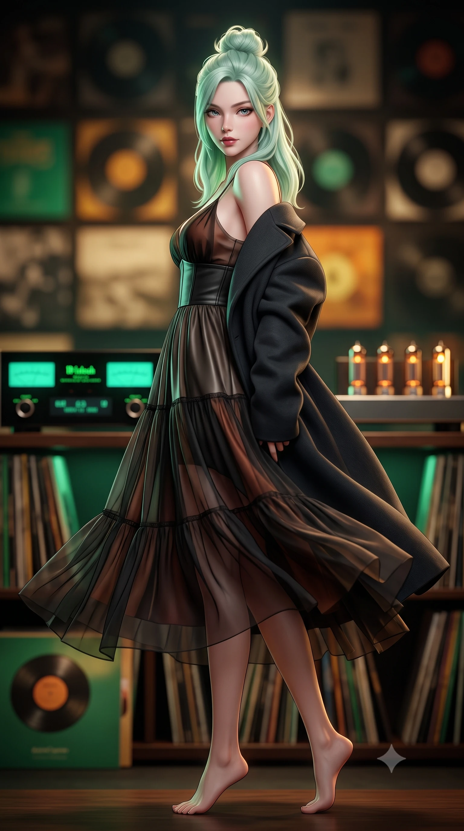 score_9, masterpiece, best quality, ultra-detailed, high-budget anime keyframe, semi-realistic 3D game render, editorial fashion photography, tasteful artistic composition, Japanese woman. low angle full-body shot from head to toe showing her feet, filling the entire 9:16 vertical frame with her statuesque presence, stretching her vertical silhouette. executing a slow, elegant turn as her liquid gown flutters around her slender legs, glancing over her shoulder with an intoxicating, seductive bedroom-gaze while twisting her slender torso in an alluring contrapposto stance near the dark walnut acoustic diffusers, her fitted fit tracing her hourglass curves. The composition keeps background elements in soft focus with dreamy creamy bokeh. glowing green McIntosh amplifier dials, rows of vintage vinyl record sleeves, and amber tube lights blurred into warm emerald, amber, and charcoal bokeh. She has an exceptionally tall and slender model-like 8.5-heads proportion, an ultra-slim waist, a flat toned midriff, narrow delicate ribcage, and beautifully sculpted feminine hips creating a graceful, slim hourglass silhouette without any bulky heaviness, with impossibly long slender legs. sharp v-shaped jawline, high-bridge nose, intricate jewel-like dark sparkling eyes with dangerous depth, thick curled eyelashes, glossy parted lips with a rich wine sheen, smoldering seductive half-smile with bedroom-eyes, exuding effortless superiority and intoxicating dark allure, flawlessly proportioned anatomical accuracy, strict slender model proportions, natural body alignment, perfectly sculpted long slender limbs, ultra-slim waistline, clean dynamic posture without body distortion. wearing a tiered semi-sheer black tulle and silk slip dress with an ultra-slim corseted waist and bare shoulders in dark burnt copper and matte black, made of supple butter-soft lambskin leather with a subtle satin sheen, complemented by an oversized dark cashmere coat draped casually over one shoulder, the high-waisted tailoring accentuating her ultra-slim waistline and the enchanting curve of her feminine hips with alluring dark charm. illuminated by focused spotlight key lights and subtle emerald rim lighting sharply defining her razor-sharp jawline, narrow waist, and curvy hips. highly saturated vibrant anime colors, detailed shading with soft gradients, rich glossy textures, high-contrast stereoscopic depth, volumetric dynamic lighting, master piece, 9:16 ratio