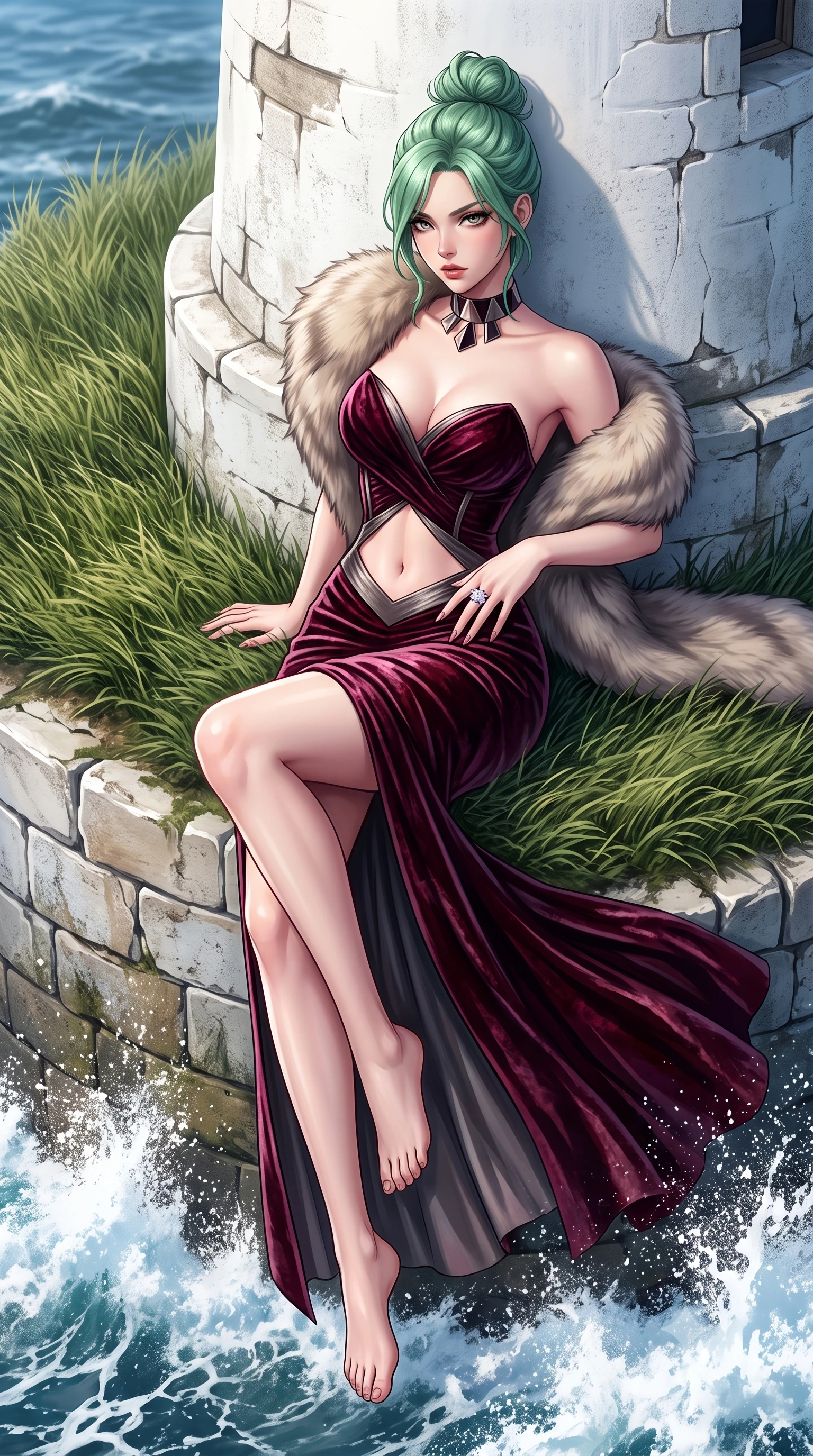 score_9, masterpiece, best quality, ultra-detailed, high-budget anime keyframe, semi-realistic 3D game render, editorial fashion photography, tasteful artistic composition, Japanese woman. low angle full-body shot from head to toe showing her feet, filling the entire 9:16 vertical frame with her statuesque presence, stretching her vertical silhouette. reclining on her side in an elegant Cleopatra pose with one knee drawn up, the dramatic contour of her rounded hips and long slender legs commanding the 9:16 vertical frame while leaning against the whitewashed lighthouse stone base with hips cocked back, looking over a bare fur-draped shoulder with fierce smoldering eyes. The surrounding environment is rendered in vivid detail and crisp panoramic clarity. sharp wind-swept turf textures, weathered lighthouse stone seams, and crashing sea foam spray in deep focus. She has an exceptionally tall and slender model-like 8.5-heads proportion, an ultra-slim waist, a flat toned midriff, narrow delicate ribcage, and beautifully sculpted feminine hips creating a graceful, slim hourglass silhouette without any bulky heaviness, with impossibly long slender legs. sharp v-shaped jawline, high-bridge nose, intricate jewel-like eyes with depth, thick eyelashes, glossy parted lips with a natural sheen, intensely captivating and seductive bedroom-eyes expression, flawlessly proportioned anatomical accuracy, strict slender model proportions, natural body alignment, perfectly sculpted long slender limbs, ultra-slim waistline, clean dynamic posture without body distortion. wearing a deep sweetheart neckline crushed velvet corseted ballgown with an exposed midriff cutout in deep wine burgundy and brushed dark platinum, crafted from heavyweight crushed silk velvet with liquid vintage luster, complemented by a bold geometric choker and sparkling cocktail ring, the glove-like aerodynamic silhouette tightly following the natural contour of her hips and long slender legs with statuesque 8.5-heads elegance. illuminated by crisp oceanic ambient light contouring her razor-sharp jawline, narrow waist, and curvy hips. highly saturated vibrant anime colors, detailed shading with soft gradients, rich glossy textures, high-contrast stereoscopic depth, volumetric dynamic lighting, master piece, 9:16 ratio