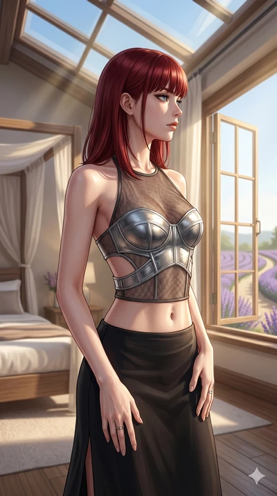 score_9, masterpiece, best quality, ultra-detailed, high-budget anime keyframe, editorial fashion photography, tasteful artistic composition, Caucasian woman, strictly human ears. cowboy shot from the thighs up, character and outfit filling the frame
