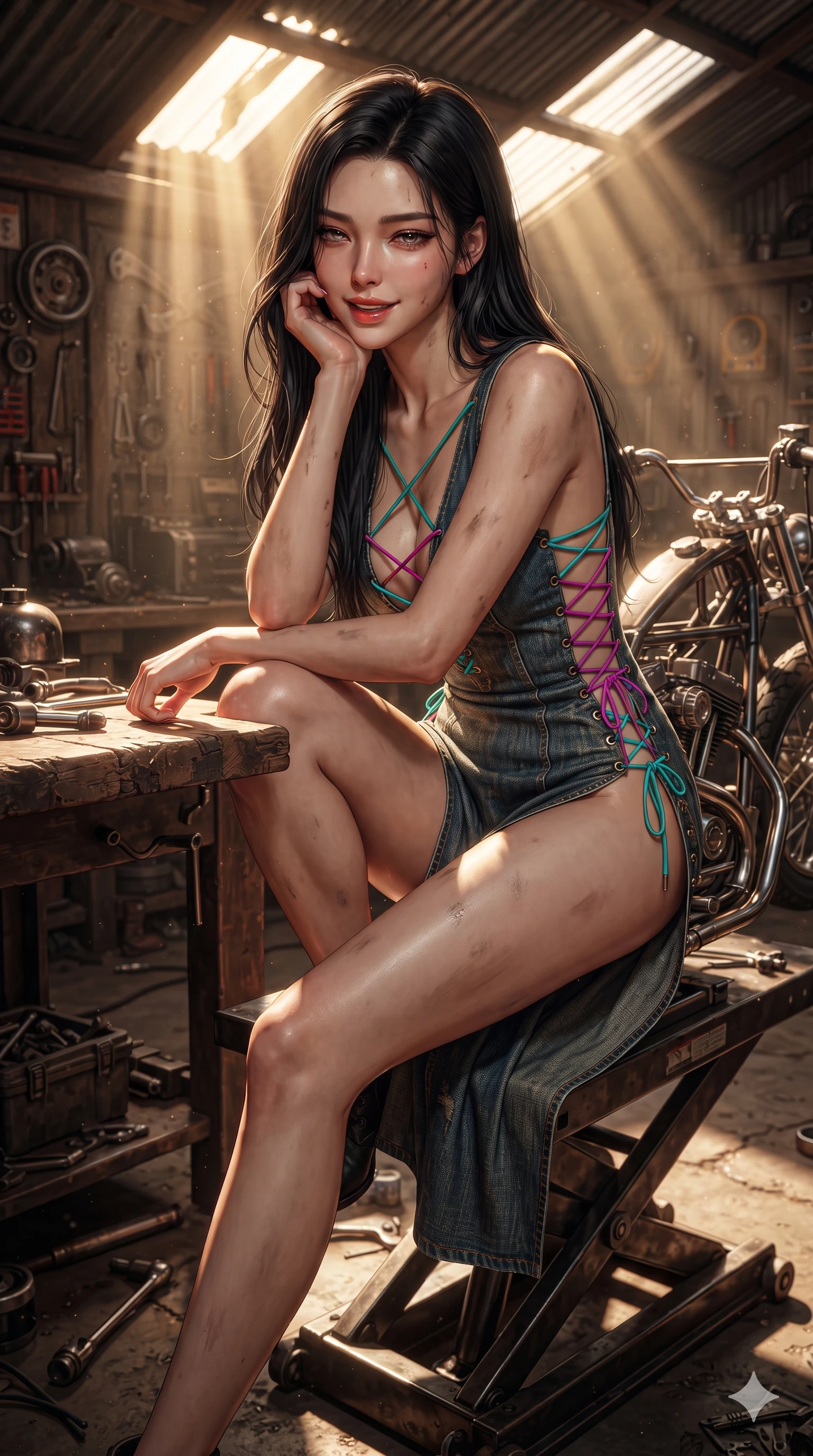 score_9, masterpiece, best quality, ultra-detailed, high-budget anime keyframe, editorial fashion photography, tasteful artistic composition, Korean woman. close-up cowboy shot from the waist and thighs up, the character dominates the composition, filling the frame with her large presence. resting one elbow on the workbench and supporting her chin, leaning close to the camera with heavy-lidded sparkling eyes and parted lips while sitting perched on a custom motorcycle frame on a hydraulic lift with legs crossed, flashing a dangerous, captivating smile with parted glossy lips. The surrounding environment is rendered in vivid detail and crisp panoramic clarity: detailed cut-off denim texture, subtle smudge on skin, and authentic workshop craftsmanship in high resolution. She has an exceptionally elegant, slender, and willowy female figure with an ultra-slim waist, flat toned midriff, narrow ribcage, and sculpted feminine hips creating an alluring, slim hourglass silhouette without bulk. sharp v-shaped jawline, high-bridge nose, sparkling eyes with hypnotic seductive depth, thick curled eyelashes, glossy parted lips with a natural dewy peach sheen, alluring bedroom-eyes with an enchanting coquettish smile, exuding magnetic siren charisma and sophisticated glamour, flawlessly proportioned anatomical accuracy, strict slender model proportions, natural body alignment, perfectly sculpted long slender limbs, ultra-slim waistline, clean dynamic posture without body distortion. wearing a low-slung cutaway leather biker bodysuit with bare hip flanks and criss-cross leather cord ties in blazing desert neon turquoise and fiery magenta, woven from bespoke sun-bleached selvedge denim with rich tactile slub texture, finished with an ultra-high side slit secured by miniature leather lace-up grommets, the high-slit wrap tailoring accentuating her ultra-slim waistline and the enchanting curve of her feminine hips with alluring seductive charm. bathed in dramatic shafts of golden afternoon sunlight cutting through corrugated roof cracks and dusty air with intense chiaroscuro contrast. ultra-reflective glossy finish, specular highlights, rich textural contrasts, high-contrast stereoscopic depth, volumetric dynamic lighting, 2k, ultra detail, master piece, 9:16 ratio