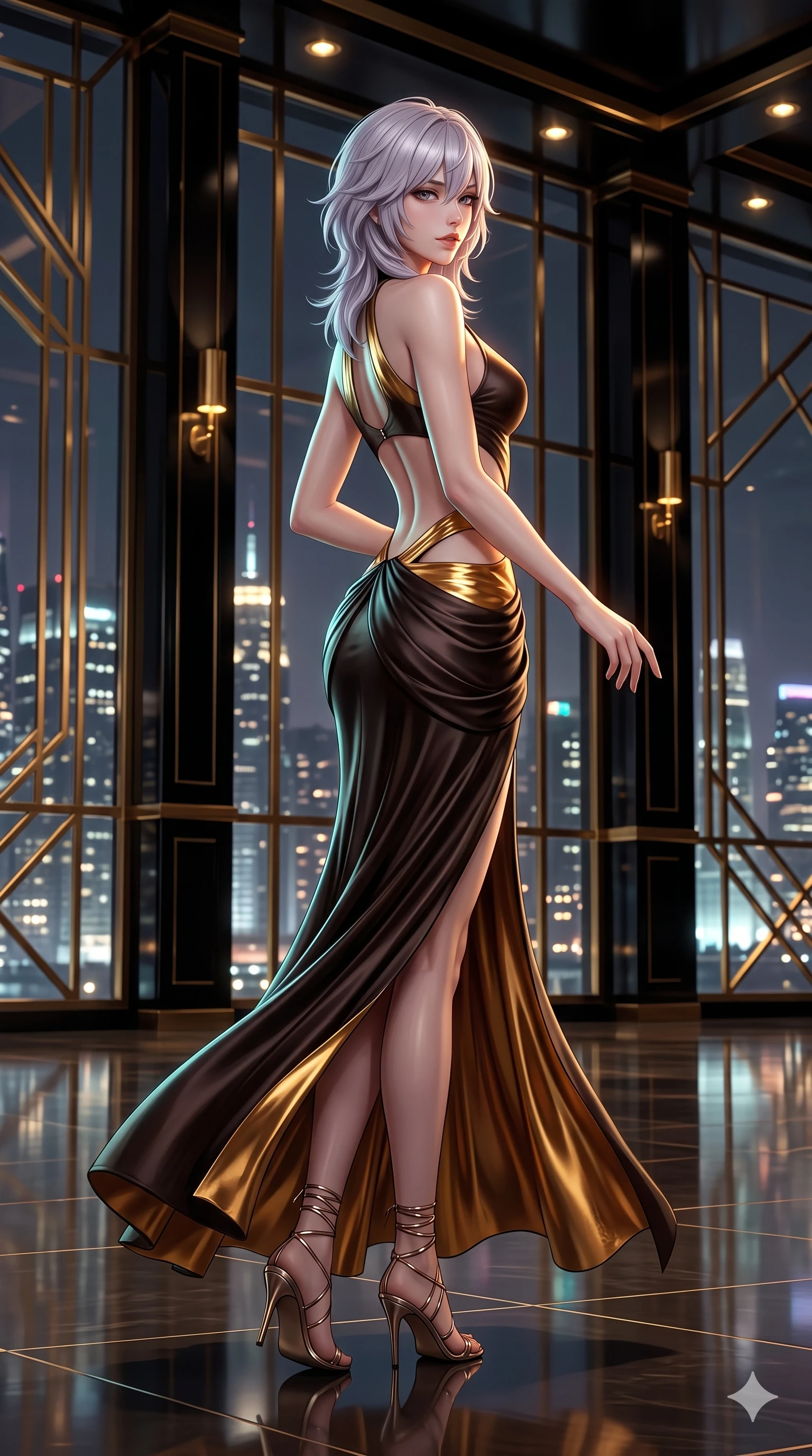 score_9, masterpiece, best quality, ultra-detailed, high-budget anime keyframe, semi-realistic 3D game render, editorial fashion photography, tasteful artistic composition, Japanese woman. low angle full-body shot from head to toe showing her feet, filling the entire 9:16 vertical frame with her statuesque presence, stretching her vertical silhouette. executing a slow, graceful pivot turn as her silk wrap skirt sways around her slender legs, glancing back with an enchanting, teasing sensual expression while twisting her slender torso in an alluring S-curve, glowing city lights and interior brass downlights carving sharp highlights along her narrow waist and curvy hips. The surrounding environment is rendered in vivid detail and crisp panoramic clarity: sharp geometric brass window grill bevels, mirror-polished black lacquer pillar reflections, and crisp skyline window grids in deep focus. She has an exceptionally tall and slender model-like 8.5-heads proportion, an ultra-slim waist, a flat toned midriff, narrow delicate ribcage, and beautifully sculpted feminine hips creating a graceful, slim hourglass silhouette without any bulky heaviness, with impossibly long slender legs. sharp v-shaped jawline, high-bridge nose, intricate jewel-like sparkling eyes with depth, thick eyelashes, glossy parted lips with a natural sheen, intensely captivating and seductive bedroom-eyes expression, exuding both youthful cute charm and sovereign luxury allure, flawlessly proportioned anatomical accuracy, strict slender model proportions, natural body alignment, perfectly sculpted long slender limbs, ultra-slim waistline, clean dynamic posture without body distortion. wearing a sculptured liquid-satin mermaid gown with an architectural open-waist cutout and bare spine in dark espresso brown and molten gold foil, crafted from bespoke double-faced cashmere with an exceptionally soft tactile finish, complemented by strappy stiletto sandals with metallic ankle wraps accentuating her slender calves, the precision-cut side openings and low-back scoop framing her graceful spine and the sensual sweep of her slim, toned hips. illuminated by floor reflections and sharp gold-cyan rim lights defining her razor-sharp jawline, narrow waist, and curvy hips. highly saturated vibrant anime colors, detailed shading with soft gradients, rich glossy textures, high-contrast stereoscopic depth, volumetric dynamic lighting, master piece, 9:16 ratio