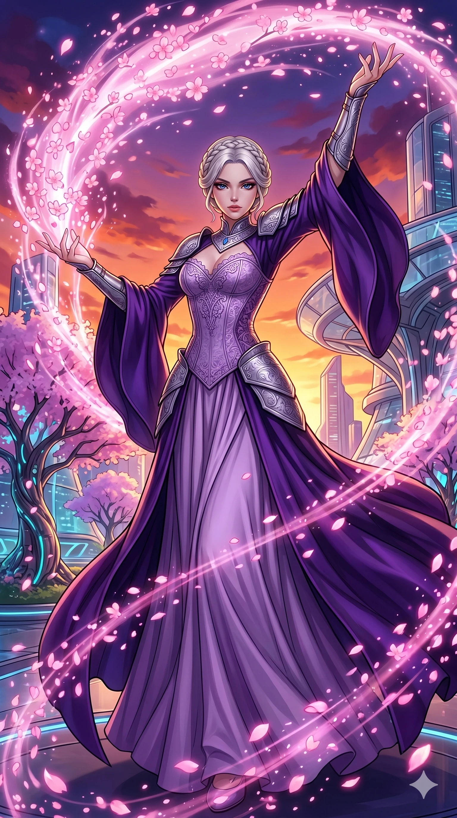 score_9, masterpiece, best quality, ultra-detailed, High-budget Anime Keyframe, beautiful Caucasian anime girl (strictly human ears). Dynamic full-body shot stretching the vertical silhouette with her statuesque presence. Summoning a wave of pink cherry blossoms in a futuristic park at sunset. She has an absolutely perfect 8-heads proportion, an exceptionally tall and slender female figure with impossibly long slender legs and an ultra-slim waist. Sharp v-shaped jawline, high-bridge nose, intricate jewel-like eyes with depth, thick eyelashes, glossy lips with a natural sheen. Wearing a Dark Fantasy outfit: lavender gothic lace corset gown, bell-sleeved sorceress robes, engraved silver plate armor over silk. Background is a bright and colorful environment with cinematic lighting, dynamic particle effects, and high-contrast shadows. 2k, ultra detail, master piece, 9:16 ratio
