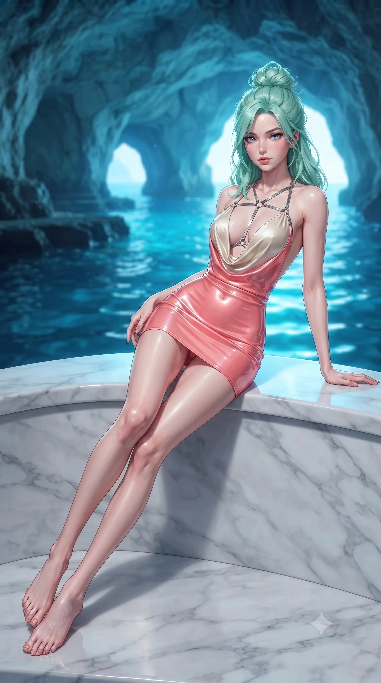 score_9, masterpiece, best quality, ultra-detailed, high-budget anime keyframe, editorial fashion photography, tasteful artistic composition, Japanese woman. low angle full-body shot from head to toe showing her feet, filling the entire 9:16 vertical frame with her statuesque presence, stretching her vertical silhouette. pivoting dynamically in mid-motion with a breathtakingly alluring posture, displaying her flawless model proportions and ultra-slim waist while reclining gracefully across a white marble boat ledge inside the glowing sea cavern of Capri's Blue Grotto. The composition keeps background elements in soft focus with creamy bokeh. submerged limestone ledges and distant cavern arches softened in smooth atmospheric depth of field. She has an absolutely perfect, statuesque 8.5-heads proportion, an exceptionally tall and slender model-like female figure with impossibly long slender legs, a toned flat midriff, and an ultra-slim waist. sharp v-shaped jawline, high-bridge nose, intricate jewel-like eyes with depth, thick eyelashes, glossy lips with a natural sheen, flawlessly proportioned anatomical accuracy, strict slender model proportions, natural body alignment, perfectly sculpted long slender limbs, ultra-slim waistline, clean dynamic posture without body distortion. wearing a form-contouring liquid satin halter-neck mini dress with a deep crossover cowl front, open back, and ultra-slender waist drape in radiant coral pink and champagne ivory, formed from high-gloss patent material with specular light reflections, reinforced by a sleek metallic chrome harness and delicate glowing micro-straps, the glove-like aerodynamic second-skin fit tightly clinging to her ultra-slender waist and athletic curves without adding bulk, accentuating her razor-sharp statuesque lines and slim hourglass silhouette. bathed in brilliant natural neon-azure underwater backlighting and shimmering water caustics. ultra-reflective glossy finish, specular highlights, metallic sheen, high-contrast stereoscopic depth, volumetric dynamic lighting, 2k, ultra detail, master piece, 9:16 ratio