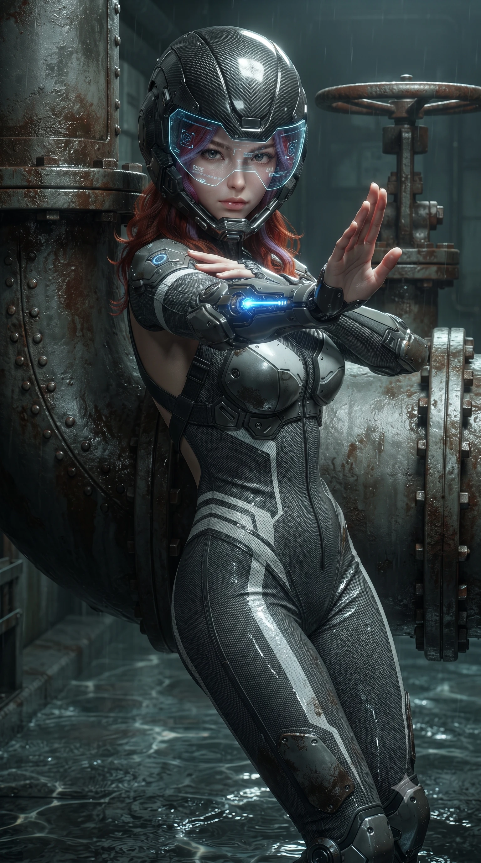 score_9, masterpiece, best quality, ultra-detailed, high-budget anime keyframe, editorial fashion photography, tasteful artistic composition, Caucasian woman. close-up cowboy shot from the waist and thighs up, the character dominates the composition, filling the frame with her large presence. twisting her upper body in a dynamic S-curve martial arts stance, cybernetic elbow dampers glowing with blue energy as she aims a focused palm strike while resting against a massive drainage valve pipe with arms crossed loosely, casting a smoldering, direct gaze into the lens. The surrounding environment is rendered in vivid detail and crisp panoramic clarity. detailed drainage pipe rivets, water ripple caustics, and mud-scuffed armor accents in high resolution. She has an exceptionally elegant, slender, and willowy female figure with an ultra-slim waist, a gracefully sculpted slender torso, toned flat midriff, and a refined slim silhouette. sharp v-shaped jawline, high-bridge nose, intricate jewel-like eyes with depth, thick eyelashes, glossy lips with a natural sheen, fierce and resolute heroine expression, flawlessly proportioned anatomical accuracy, strict slender model proportions, natural body alignment, perfectly sculpted long slender limbs, ultra-slim waistline, clean dynamic posture without body distortion. wearing an open-face aerodynamic carbon-fiber combat helmet with a retracted transparent holographic HUD visor framing her sharp jawline and jewel-like eyes, paired with a tailored tactical combat jumpsuit with an open-back harness design, reinforced composite breastplate, and high-mobility elbow dampers in storm-grey carbon mesh with high-contrast white hazard stripes, crafted from ultra-strong woven carbon-fiber composite with battle-tested satin luster, detailed with kinetic shock-dampening knuckle guards and polished chrome connection joints, the glove-like aerodynamic second-skin fit tightly clinging to her ultra-slender waist and athletic curves without adding bulk, accentuating her razor-sharp statuesque lines and slim hourglass silhouette. illuminated by wet reflective highlights tracing her sculpted collarbones, waistline, and long slender legs. ultra-reflective glossy finish, specular highlights, dark metallic sheen, high-contrast stereoscopic depth, volumetric dynamic lighting, 2k, ultra detail, master piece, 9:16 ratio