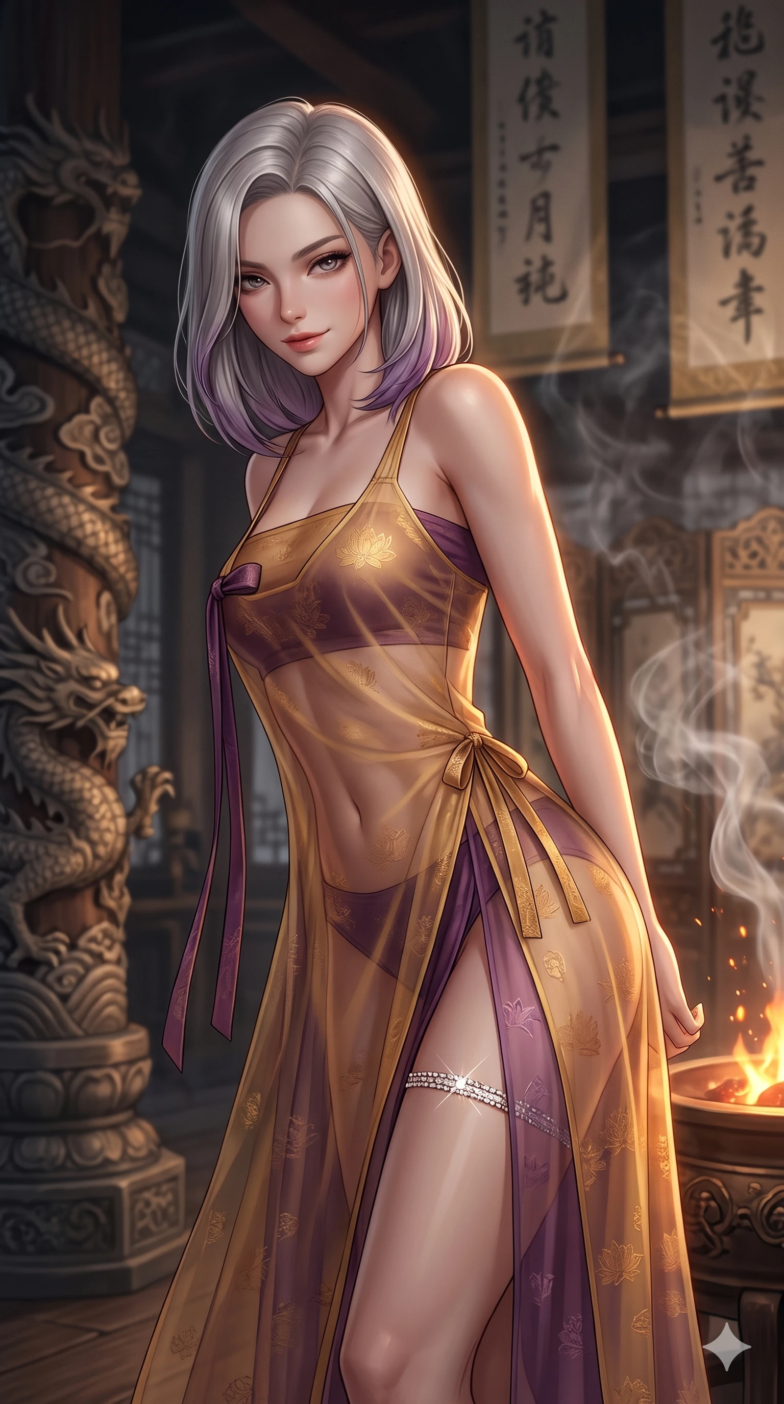score_9, masterpiece, best quality, ultra-detailed, high-budget anime keyframe, editorial fashion photography, tasteful artistic composition, Caucasian woman. close-up cowboy shot from the waist and thighs up, the character dominates the composition, filling the frame with her large presence. leaning forward while arching her lower back to accentuate her curvy hips, looking into the camera with an intoxicating smoldering gaze and bedroom-eyes while twisting her slender torso in an alluring S-curve among drifting incense smoke, warm brazier embers illuminating her hourglass curves. The background shows a soft-focus swirling white agarwood incense smoke, carved dragon column bases, and hanging silk calligraphy banners blurred into cream, gold, and charcoal bokeh. She has an exceptionally elegant, slender, and willowy female figure with an ultra-slim waist, flat toned midriff, narrow ribcage, and sculpted feminine hips creating an alluring, slim hourglass silhouette without bulk. sharp v-shaped jawline, high-bridge nose, sparkling eyes with hypnotic seductive depth, thick curled eyelashes, glossy parted lips with a natural dewy peach sheen, alluring bedroom-eyes with an enchanting coquettish smile, exuding magnetic siren charisma and sophisticated glamour, flawlessly proportioned anatomical accuracy, strict slender model proportions, natural body alignment, perfectly sculpted long slender limbs, ultra-slim waistline, clean dynamic posture without body distortion. wearing a delicately layered semi-sheer gossamer nobang hanbok slip dress revealing her sculpted silhouette over an opaque micro-bandeau and briefs in imperial gold and royal plum purple, tailored from rich silk jacquard with subtle embossed lotus blossom patterns, accented with a delicate crystal-encrusted thigh garter strap glinting under the lights, the bespoke structured tailoring following the natural line of her 8.5-heads silhouette with refined elegance. bathed in warm 2200K bronze brazier glow cutting through atmospheric white incense smoke. ultra-reflective glossy finish, specular highlights, rich textural contrasts, high-contrast stereoscopic depth, volumetric dynamic lighting, 2k, ultra detail, master piece, 9:16 ratio