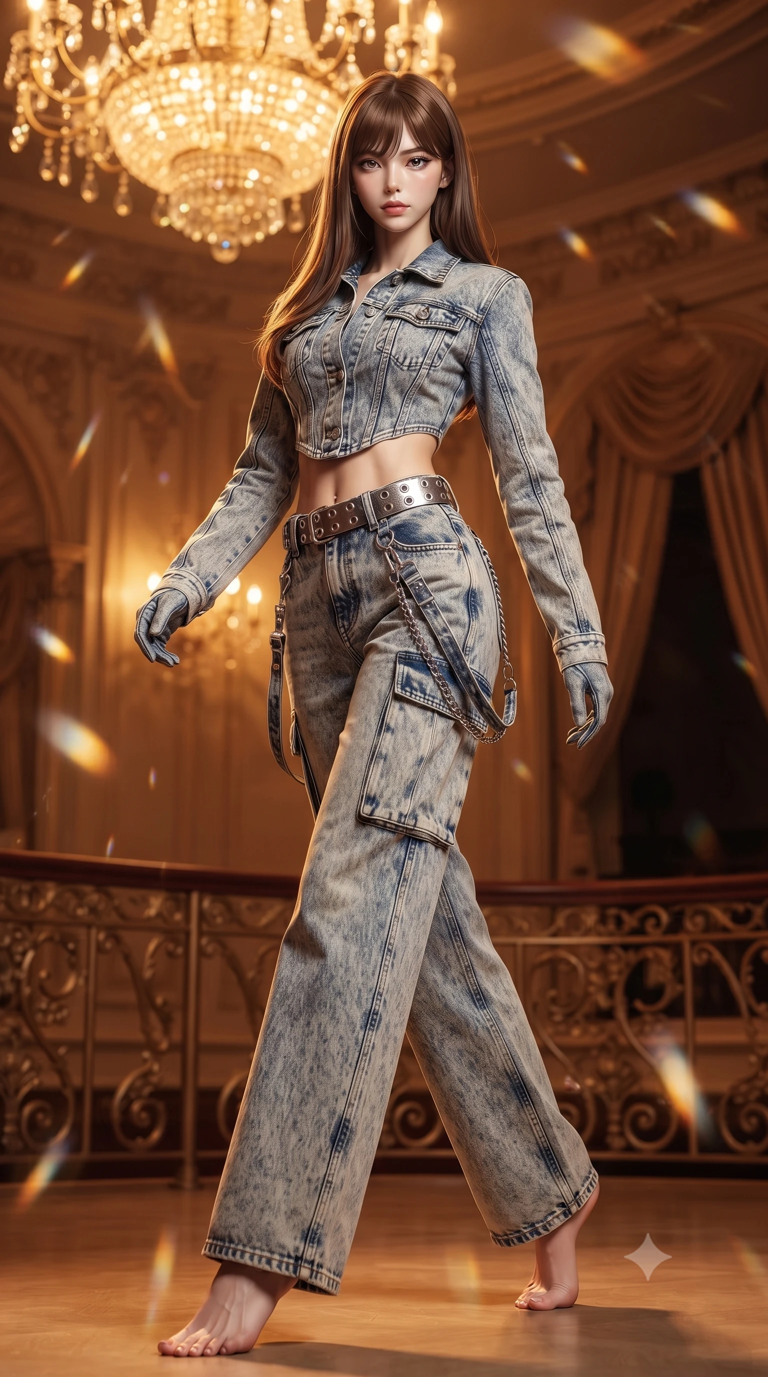 score_9, masterpiece, best quality, ultra-detailed, high-budget anime keyframe, editorial fashion photography, tasteful artistic composition, Korean woman. low angle full-body shot from head to toe showing her feet, filling the entire 9:16 vertical frame with her statuesque presence, stretching her vertical silhouette. stepping forward gracefully in mid-motion, displaying her toned flat midriff and flawlessly sculpted slender limbs while arching her spine in a fluid, regal posture while casting a mesmerizing, sovereign gaze into the lens. The composition keeps background elements in soft focus with creamy bokeh. shimmering chandelier prism refractions scattering warm champagne light motes across the royal theater. She has an absolutely perfect, statuesque 8.5-heads proportion, an exceptionally tall and slender model-like female figure with impossibly long slender legs, a toned flat midriff, and an ultra-slim waist. sharp v-shaped jawline, high-bridge nose, intricate jewel-like eyes with depth, thick eyelashes, glossy lips with a natural sheen, captivating and magnetic expression, flawlessly proportioned anatomical accuracy, strict slender model proportions, natural body alignment, perfectly sculpted long slender limbs, ultra-slim waistline, clean dynamic posture without body distortion. wearing a deconstructed denim corseted crop jacket paired with high-waisted wide-leg utility jeans and a silver grommet belt in acid-wash light denim and dark chrome, tailored from distressed structured cotton denim with metallic thread, accented with hanging industrial clip straps and chrome chain links edition #18, the glove-like aerodynamic second-skin fit tightly clinging to her ultra-slender waist and athletic curves without adding bulk, accentuating her razor-sharp statuesque lines and slim hourglass silhouette. bathed in opulent golden chandelier illumination and rich ambient amber warmth. ultra-reflective glossy finish, specular highlights, rich textural contrasts, high-contrast stereoscopic depth, volumetric dynamic lighting, 2k, ultra detail, master piece, 9:16 ratio