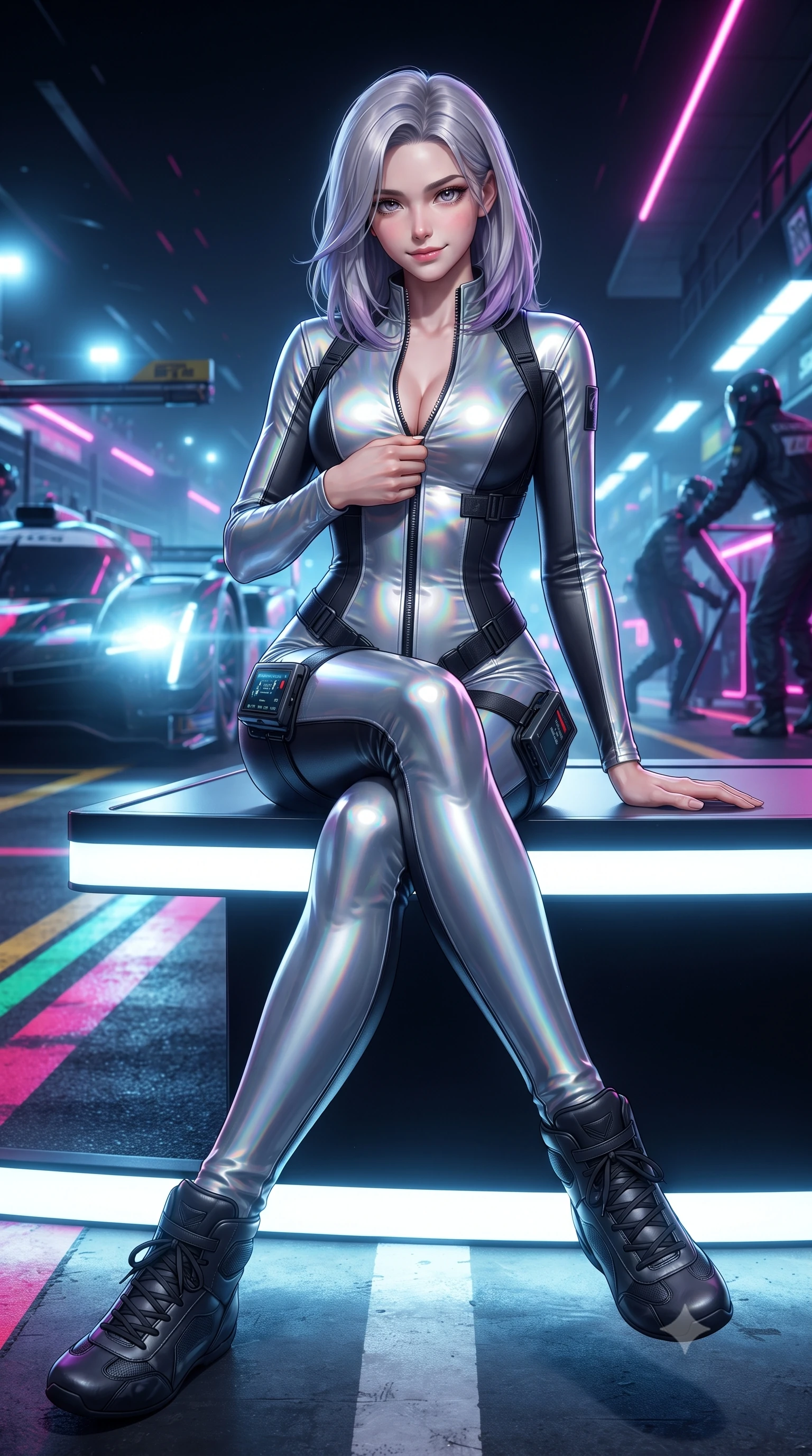 score_9, masterpiece, best quality, ultra-detailed, high-budget anime keyframe, editorial fashion photography, tasteful artistic composition, Caucasian woman. low angle full-body shot from head to toe showing her feet, filling the entire 9:16 vertical frame with her statuesque presence, stretching her vertical silhouette. sitting poised on the elevated edge with legs crossed and extended, her tall 8.5-heads proportions dominating the scene with effortless poise while unzipping her leather racing suit with a slow, teasing smile, eyes locked with daring magnetism on the viewer. The surrounding environment is rendered in vivid detail and crisp panoramic clarity. vibrant high-contrast cyberpunk motorsport chiaroscuro and raw high-speed racing adrenaline in precision. She has an absolutely perfect, statuesque 8.5-heads proportion, an exceptionally tall and slender model-like female figure with impossibly long slender legs, a toned flat midriff, and an ultra-slim waist. sharp v-shaped jawline, high-bridge nose, intricate jewel-like eyes with depth, thick eyelashes, glossy parted lips with a natural sheen, intensely captivating and seductive expression, flawlessly proportioned anatomical accuracy, strict slender model proportions, natural body alignment, perfectly sculpted long slender limbs, ultra-slim waistline, clean dynamic posture without body distortion. wearing a high-gloss patent leather racing catsuit with an open front zipper and high stand collar in holographic silver prism and deep graphite, crafted from flexible ballistic matte leather and aerodynamic stretch neoprene, equipped with a sleek thigh-mounted telemetry display and tactical harness, the precision-cut daring openings accentuating her delicate midriff, graceful bare collarbones, and ultra-slim feminine waistline. bathed in high-intensity xenon hypercar headlights and neon pitlane floodlights. ultra-reflective glossy finish, specular highlights, rich textural contrasts, high-contrast stereoscopic depth, volumetric dynamic lighting, 2k, ultra detail, master piece, 9:16 ratio