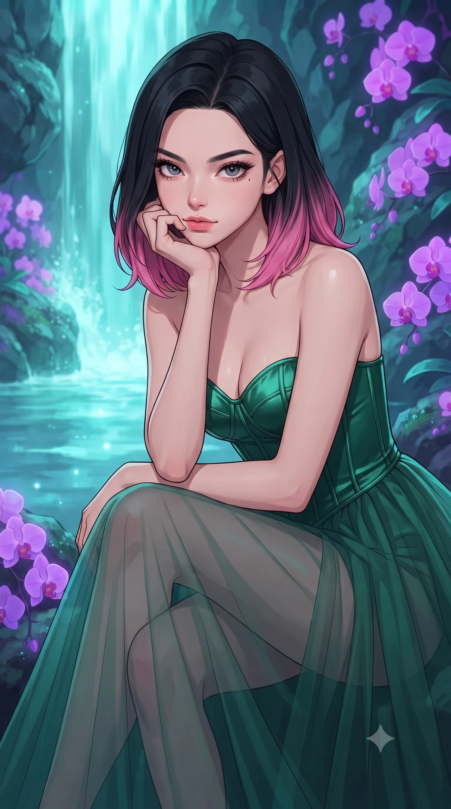 score_9, masterpiece, best quality, ultra-detailed, high-budget anime keyframe, gorgeous anime illustration, artistic 2d flat cel-shaded style, Korean woman. close-up cowboy shot from the waist and thighs up, the character dominates the composition, filling the frame with her large presence, background elements kept in soft focus. Resting her chin on the backs of her fingers in a confident pose. set against a soft-focus background of beside a waterfall where the water glows with soft turquoise bioluminescence, cascading down rocks covered in neon violet orchids that cling to the wet stone. She has an exceptionally elegant and slender, willowy female figure with an ultra-slim waist, a gracefully sculpted slender torso, and a refined slim physique. sharp v-shaped jawline, high-bridge nose, intricate jewel-like eyes with depth, thick eyelashes, glossy lips with a natural sheen. wearing a corset-topped gown with visible structured boning in emerald green satin, paired with a floor-length sheer tulle skirt. cool turquoise light from the waterfall colliding with soft violet glow from the orchids, creating a dual-color ambient wrap. 2k, ultra detail, master piece, 9:16 ratio, vibrant anime color palette, flat color shading, 2d animation style