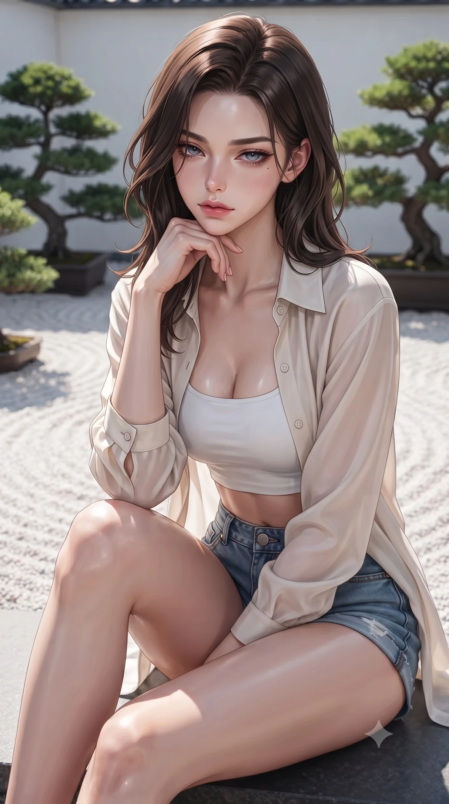 score_9, masterpiece, best quality, ultra-detailed, high-budget anime keyframe, editorial fashion photography, tasteful artistic composition, Korean woman woman. close-up cowboy shot from the waist and thighs up, the character dominates the composition, filling the frame with her large presence, background elements kept in soft focus. resting her chin on the backs of her fingers, casting a heavy-lidded, sultry look past the camera the background shows a soft-focus a white raked gravel courtyard with structured green bonsai trees in a quiet villa yard. She has an exceptionally elegant, slender, and willowy female figure with an ultra-slim waist, a gracefully sculpted slender torso, and a refined silhouette. sharp v-shaped jawline, high-bridge nose, intricate jewel-like eyes with depth, thick eyelashes, glossy lips with a natural sheen. wearing a tailored lightweight chiffon cover-up shirt worn open over a crop top and high-cut shorts. crisp morning sunlight casting sharp, clean shadows across the gravel. ultra-reflective glossy finish, specular highlights, metallic sheen, high-contrast stereoscopic depth, volumetric dynamic lighting, 2k, ultra detail, master piece, 9:16 ratio