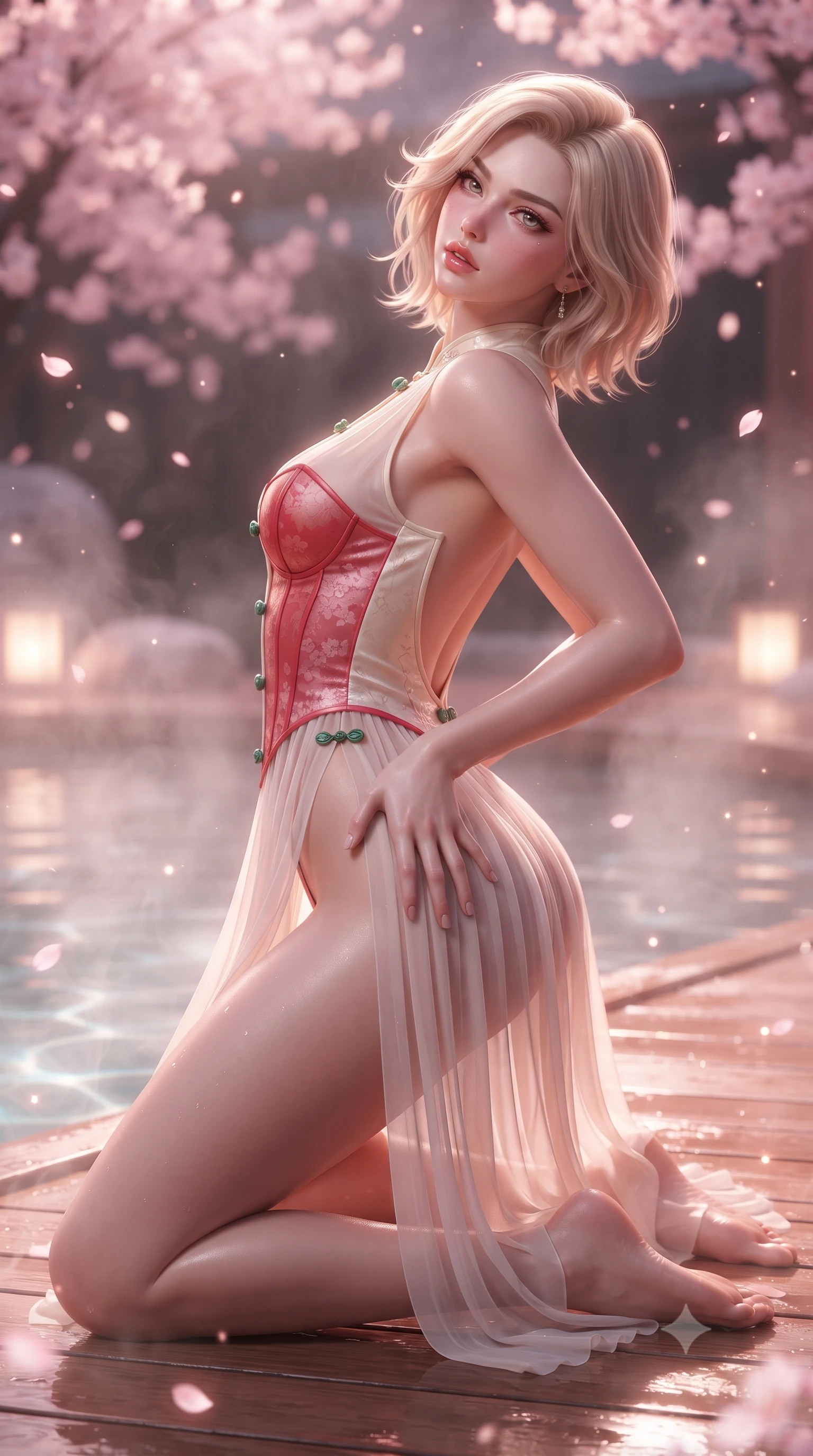 score_9, masterpiece, best quality, ultra-detailed, high-budget anime keyframe, editorial fashion photography, tasteful artistic composition, Caucasian woman. close-up cowboy shot from the waist and thighs up, the character dominates the composition, filling the frame with her large presence. arching her spine backward with effortless dancer poise, one hand sliding along her hip line as directional light carves specular highlights along her silhouette while kneeling gracefully on the warm wet cedar deck, one hand resting on her bare hip as thermal steam caresses her feminine curves. The composition keeps background elements in soft focus with creamy bokeh. thermal pool ripple caustics and drifting sakura petals scattering soft luminous light motes. She has an exceptionally elegant, slender, and willowy female figure with an ultra-slim waist, a gracefully sculpted slender torso, toned flat midriff, and rounded feminine hips creating an alluring hourglass silhouette. sharp v-shaped jawline, high-bridge nose, intricate jewel-like eyes with depth, thick eyelashes, glossy parted lips with a natural sheen, intensely captivating and seductive bedroom-eyes expression, flawlessly proportioned anatomical accuracy, strict slender model proportions, natural body alignment, perfectly sculpted long slender limbs, ultra-slim waistline, clean dynamic posture without body distortion. wearing a sacred shrine maiden couture robe with sheer pleated chiffon skirt and structured scarlet corset top in sakura blossom pink and warm ivory, made of liquid bamboo jersey adhering seamlessly to her slender frame, finished with genuine jade button closures and floating celestial silk ribbons, the dramatically scooped open back descending to the base of her spine, accentuating her razor-sharp statuesque lines and curvy hourglass silhouette. bathed in soft pink cherry blossom ambient glow and warm underwater mineral pool lights. ultra-reflective glossy finish, specular highlights, rich textural contrasts, high-contrast stereoscopic depth, volumetric dynamic lighting, 2k, ultra detail, master piece, 9:16 ratio