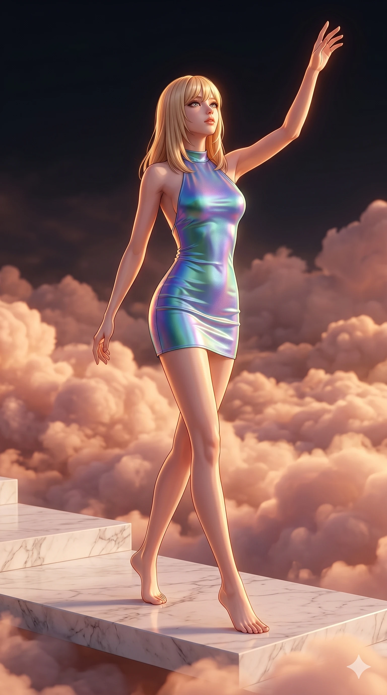 score_9, masterpiece, best quality, ultra-detailed, high-budget anime keyframe, editorial fashion photography, tasteful artistic composition, Japanese woman. low angle full-body shot from head to toe showing her feet, filling the entire 9:16 vertical frame with her statuesque presence, stretching her vertical silhouette. Gliding forward with one arm sweeping upward toward the sky atop a floating white marble terrace above a sea of luminous rose-gold clouds. She has an absolutely perfect 8-heads proportion, an exceptionally tall and slender female figure with impossibly long slender legs and an ultra-slim waist. V-shaped jawline, high-bridge nose, intricate jewel-like eyes with depth, thick eyelashes, glossy lips with a natural sheen. wearing an iridescent color-shifting halter-neck mini dress with a structured open-back, a precision-fitted form-contouring body and an elevated hemline at the upper thigh. drenched in warm amber cinematic rim lighting that traces every contour of her silhouette against a dark background. 2k, ultra detail, master piece, 9:16 ratio