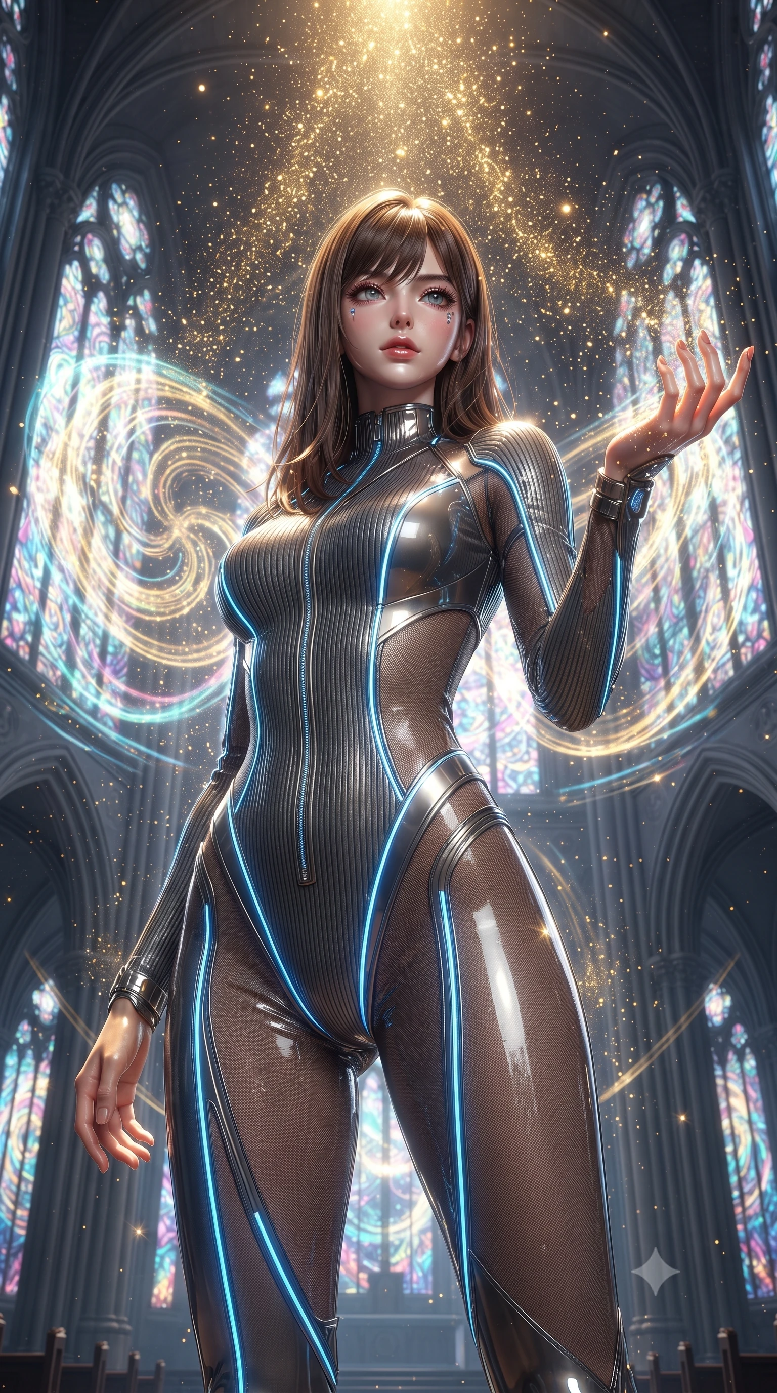 score_9, masterpiece, best quality, ultra-detailed, High-budget Anime Keyframe, editorial fashion photography, tasteful artistic composition, realistic cosplay photography, East Asian woman. Low angle cowboy shot filling the entire 9:16 frame with her statuesque presence. Scenario 334: showering under a cascade of glittering gold stardust inside a futuristic cathedral with holographic stained-glass windows. Her presence is magnetic and overpowering in this high-budget cinematic scene. Outfit 334: a slim-fit ribbed bodycon knit second with a sheer panels and glowing LED seams. The clothing is designed to emphasize her exceptionally tall and slender 8-heads proportion. 8-heads proportion, towering silhouette, ultra-slim waist. sharp v-shaped jawline, intricate jewel-like eyes with depth, thick eyelashes, glossy lips. ultra-reflective glossy finish, specular highlights, metallic sheen, high-contrast stereoscopic depth, volumetric dynamic lighting, 2k, ultra detail, master piece, 9:16 ratio