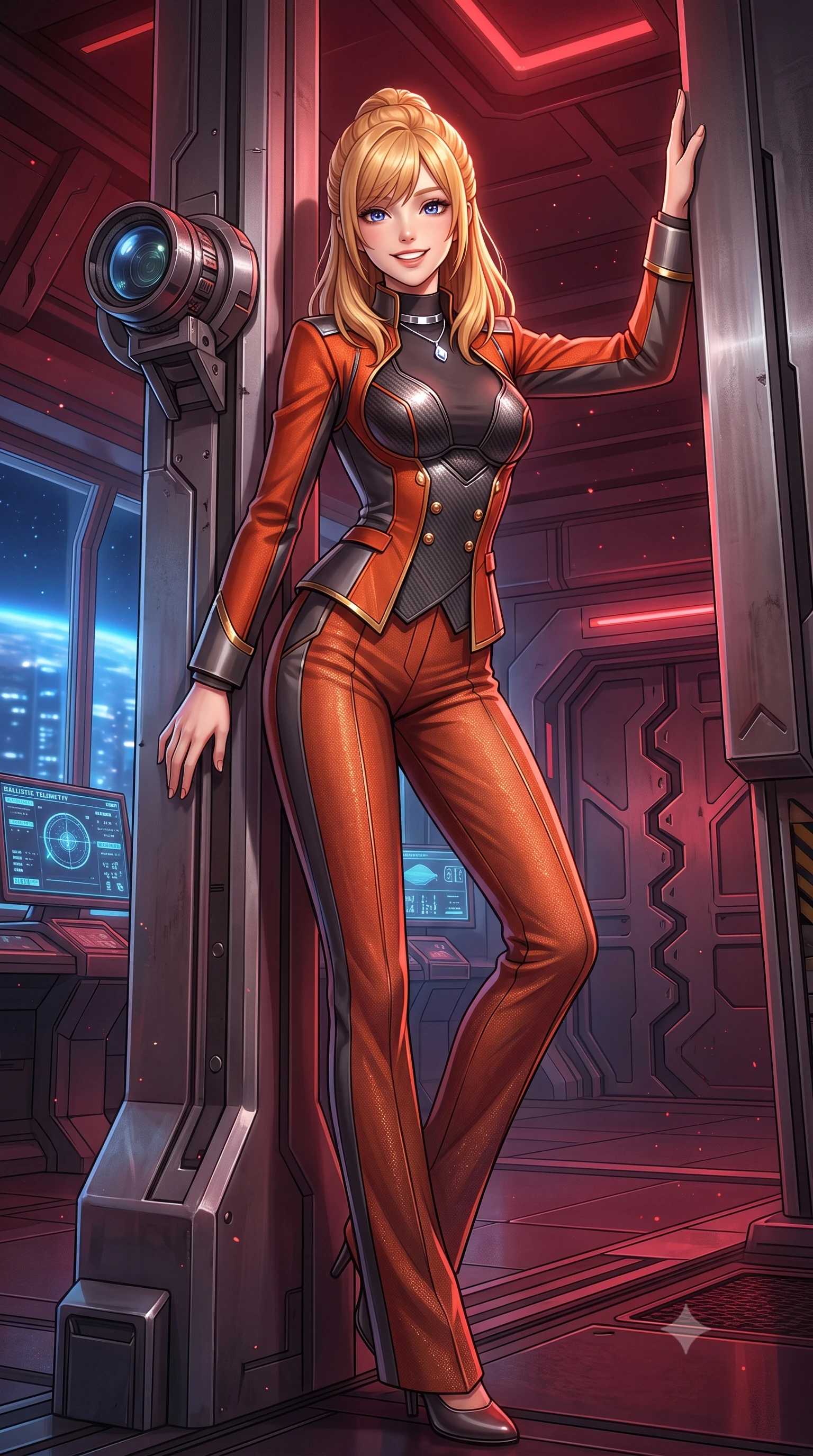 score_9, masterpiece, best quality, ultra-detailed, high-budget anime keyframe, semi-realistic 3D game render, editorial fashion photography, tasteful artistic composition, Caucasian woman. low angle full-body shot from head to toe showing her feet, filling the entire 9:16 vertical frame with her statuesque presence, stretching her vertical silhouette. standing tall beside the architectural column, one hand resting high while arching her lower back to emphasize her sculpted feminine hips and slender waist while twisting her slender torso in an alluring S-curve, deep crimson battle-stations strobes and planetary city lights criss-crossing across her flat midriff and hourglass curves. The surrounding environment is rendered in vivid detail and crisp panoramic clarity: sharp armored blast door teeth, optical targeting sensor lenses, and digital ballistic telemetry readouts in deep focus. She has an exceptionally tall and slender model-like 8.5-heads proportion, an ultra-slim waist, a flat toned midriff, narrow delicate ribcage, and beautifully sculpted feminine hips creating a graceful, slim hourglass silhouette without any bulky heaviness, with impossibly long slender legs. sharp v-shaped jawline, high-bridge nose, intricate jewel-like sparkling eyes with depth, thick eyelashes, glossy parted lips with a natural peach sheen, bright cheerful beaming smile with an enchanting and coquettish sensual glint, exuding both youthful cute charm and seductive allure, flawlessly proportioned anatomical accuracy, strict slender model proportions, natural body alignment, perfectly sculpted long slender limbs, ultra-slim waistline, clean dynamic posture without body distortion. wearing a structured cyber-infantry dress uniform jacket with carbon-fiber chest plating and brass buttons over a mock-neck top and tailored wool trousers in volcanic ember orange and brushed gunmetal, tailored from high-density tech-wool with subtle metallic thread weave, finished with a minimalist chrome choker and a single teardrop diamond pendant, the impeccably tailored cut draping gracefully along her slender figure with aristocratic poise. bathed in moody 660nm deep crimson battle stations lighting mixed with cool blue planetary city-light radiance. highly saturated vibrant anime colors, detailed shading with soft gradients, rich glossy textures, high-contrast stereoscopic depth, volumetric dynamic lighting, master piece, 9:16 ratio