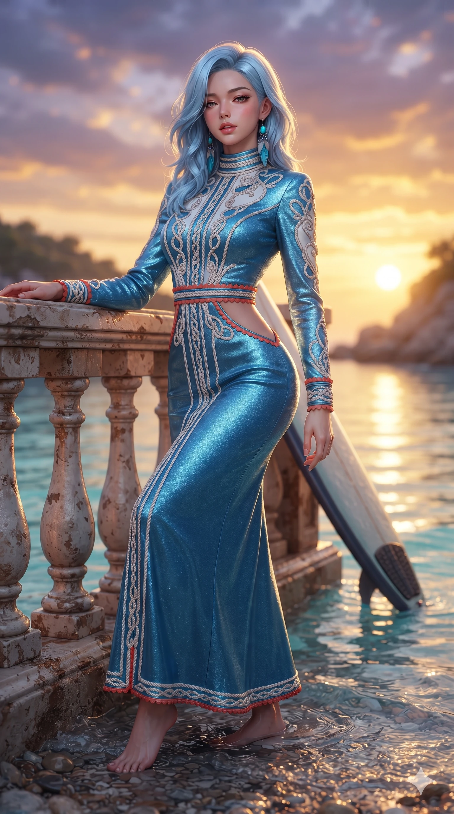 score_9, masterpiece, best quality, ultra-detailed, high-budget anime keyframe, editorial fashion photography, tasteful artistic composition, Korean woman. close-up cowboy shot from the waist and thighs up, the character dominates the composition, filling the frame with her large presence. leaning back against the balustrade with relaxed seductive grace, head tilted back slightly while casting a hypnotic, heavy-lidded gaze while standing poised in the mirror-smooth azure shallows beside the propped surfboard, arching her lower back with sovereign supermodel grace as the golden sunset blazes across the sea. The background shows a soft-focus secluded island cove softened in golden hour coastal shallow focus. She has an exceptionally elegant, slender, and willowy female figure with an ultra-slim waist, flat toned midriff, narrow ribcage, and sculpted feminine hips creating an alluring, slim hourglass silhouette without bulk. sharp v-shaped jawline, high-bridge nose, sparkling eyes with hypnotic seductive depth, thick curled eyelashes, glossy parted lips with a natural dewy peach sheen, alluring bedroom-eyes with an enchanting coquettish smile, exuding magnetic siren charisma and sophisticated glamour, flawlessly proportioned anatomical accuracy, strict slender model proportions, natural body alignment, perfectly sculpted long slender limbs, ultra-slim waistline, clean dynamic posture without body distortion. wearing a prestigious high-neck long-sleeve silk resort maxi gown with modest silhouette and nautical rope embroidery in Mediterranean cerulean blue and optic white with coral trims, crafted from luxurious metallic lamé that shifts radiance with every step, accented with turquoise and silver bohemian feather earrings swaying near her bare neck, the impeccably tailored cut draping gracefully along her slender figure with aristocratic resort poise. illuminated by wet pebble shoreline bounce and sharp honey-gold rim lighting defining her jawline, flat midriff, and voluptuous hip curves. ultra-reflective glossy finish, specular highlights, rich textural contrasts, high-contrast stereoscopic depth, volumetric dynamic lighting, 2k, ultra detail, master piece, 9:16 ratio