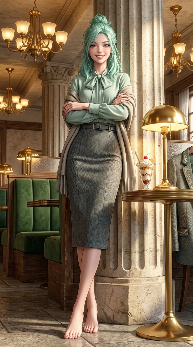 score_9, masterpiece, best quality, ultra-detailed, high-budget anime keyframe, semi-realistic 3D game render, editorial fashion photography, tasteful artistic composition, Japanese woman. low angle full-body shot from head to toe showing her feet, filling the entire 9:16 vertical frame with her statuesque presence, stretching her vertical silhouette. leaning lightly against the sunlit architectural column with arms crossed loosely, flashing a warm, confident smile while sitting poised in a curved forest green velvet booth beside a polished brass lamp, smiling cheerfully over a vintage parfait glass. The surrounding environment is rendered in vivid detail and crisp panoramic clarity: detailed embroidered wool blazer lapels, tailored cigarette trousers, and Taisho-modernist architectural craftsmanship in razor-sharp precision. She has an exceptionally tall and slender model-like 8.5-heads proportion, an ultra-slim waist, a flat toned midriff, narrow delicate ribcage, and beautifully sculpted feminine hips creating a graceful, slim hourglass silhouette without any bulky heaviness, with impossibly long slender legs. sharp v-shaped jawline, high-bridge nose, intricate jewel-like sparkling eyes with depth, thick eyelashes, glossy parted lips with a natural peach sheen, bright cheerful beaming smile with an enchanting and coquettish sensual glint, exuding both youthful cute charm and seductive allure, flawlessly proportioned anatomical accuracy, strict slender model proportions, natural body alignment, perfectly sculpted long slender limbs, ultra-slim waistline, clean dynamic posture without body distortion. wearing a fluid silk crepe pussy-bow blouse paired with a high-waisted tailored pencil midi skirt and slim leather belt in misty Arashiyama bamboo green and slate grey, tailored from heritage British Harris Tweed with rich multi-tonal yarn weave, accented with a wide brushed cashmere fringe scarf draped elegantly over one shoulder, the structured cinched belt emphasizing her narrow waistline and gracefully balanced proportions with timeless haute-couture polish. bathed in warm 2900K incandescent amber illumination from authentic Art Deco brass chandeliers and table lamps. highly saturated vibrant anime colors, detailed shading with soft gradients, rich glossy textures, high-contrast stereoscopic depth, volumetric dynamic lighting, master piece, 9:16 ratio