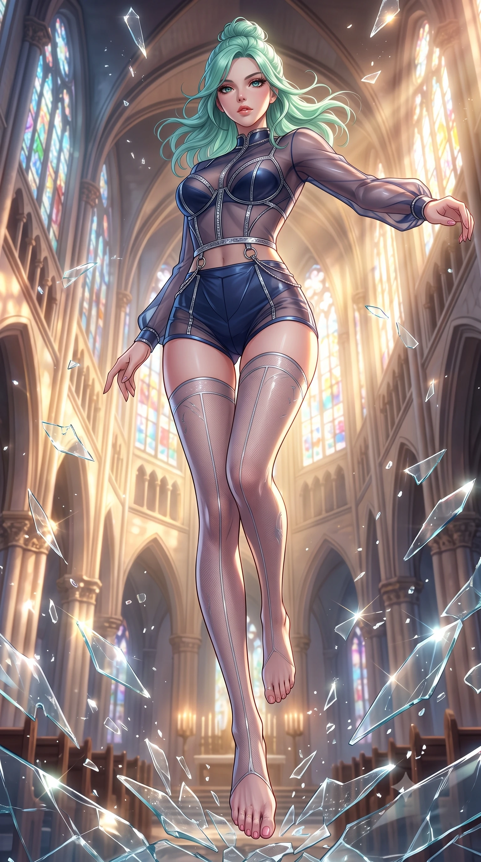 score_9, masterpiece, best quality, ultra-detailed, high-budget anime keyframe, editorial fashion photography, tasteful artistic composition, Japanese woman. low angle full-body shot from head to toe showing her feet, filling the entire 9:16 vertical frame with her statuesque presence, stretching her vertical silhouette. navigating the luminous space with effortless poise, displaying her perfect model proportions leaping through shattered liquid glass fragments in a illuminated cathedral, shattered glass shards catching bright specular highlights in mid-air. She has an absolutely perfect, statuesque 8.5-heads proportion, an exceptionally tall and slender model-like female figure with impossibly long slender legs and an ultra-slim waist. sharp v-shaped jawline, high-bridge nose, intricate jewel-like eyes with depth, thick eyelashes, glossy lips with a natural sheen. wearing a delicate see-through mesh top with structured cup boning and micro-shorts in midnight navy blue and chrome trim, woven from fine semi-opaque sheer organza, accented with delicate chrome ring hardware framing her waist, the glove-like fit emphasizing her statuesque silhouette. surrounded by a glowing divine aura of sunbeams and incense radiance. highly saturated vibrant anime colors, detailed shading with soft gradients, rich glossy textures, high-contrast stereoscopic depth, volumetric dynamic lighting, master piece, 9:16 ratio
