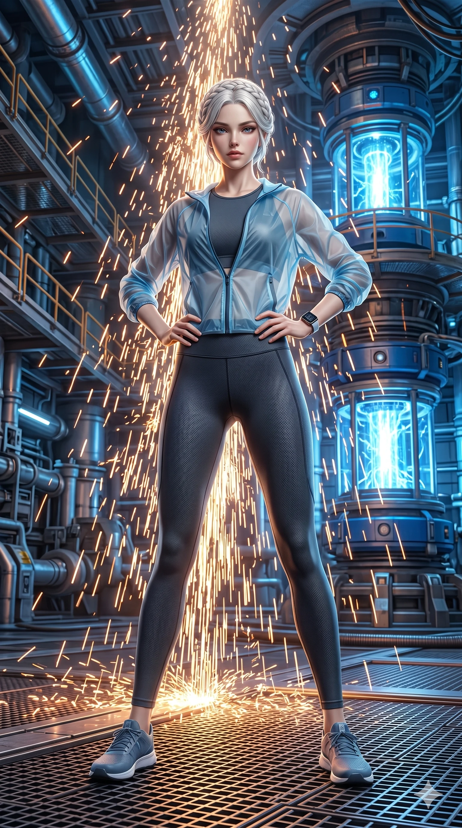 score_9, masterpiece, best quality, ultra-detailed, Set A: Photorealistic 8k CG, Japanese woman. Low angle cowboy shot filling the entire 9:16 frame with her statuesque presence. Standing in a fountain of sparks inside a high-tech engine room with blue energy cores. She has an absolutely perfect 8-heads proportion, an exceptionally tall and slender female figure with elegant long slender legs and an slender waist. Sharp v-shaped jawline, high-bridge nose, intricate jewel-like eyes with depth, thick eyelashes, glossy lips. Wearing a Premium Athleisure outfit: sleek high-performance activewear with a sheer windbreaker and athletic midsection. Background is a bright and colorful industrial setting with flying orange sparks and glowing machinery. 2k, ultra detail, master piece, 9:16 ratio