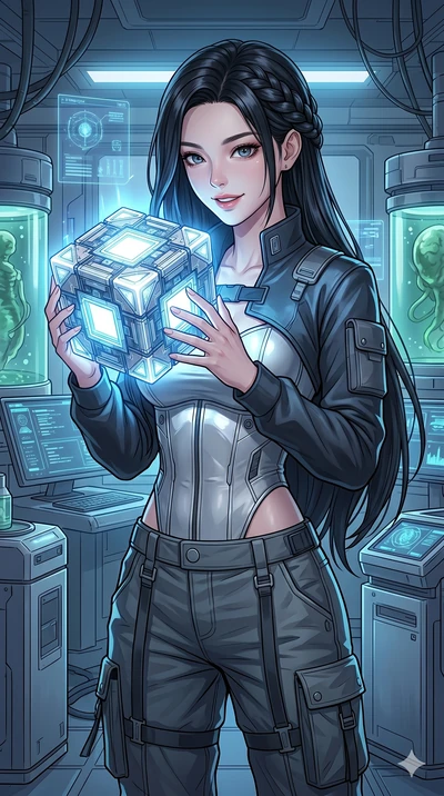 score_9, masterpiece, best quality, ultra-detailed, high-budget anime keyframe, Korean woman. Upper body close-up from the thighs up, character filling the screen for maximum presence. Inside a virtual reality laboratory, inspecting a data cube, hold