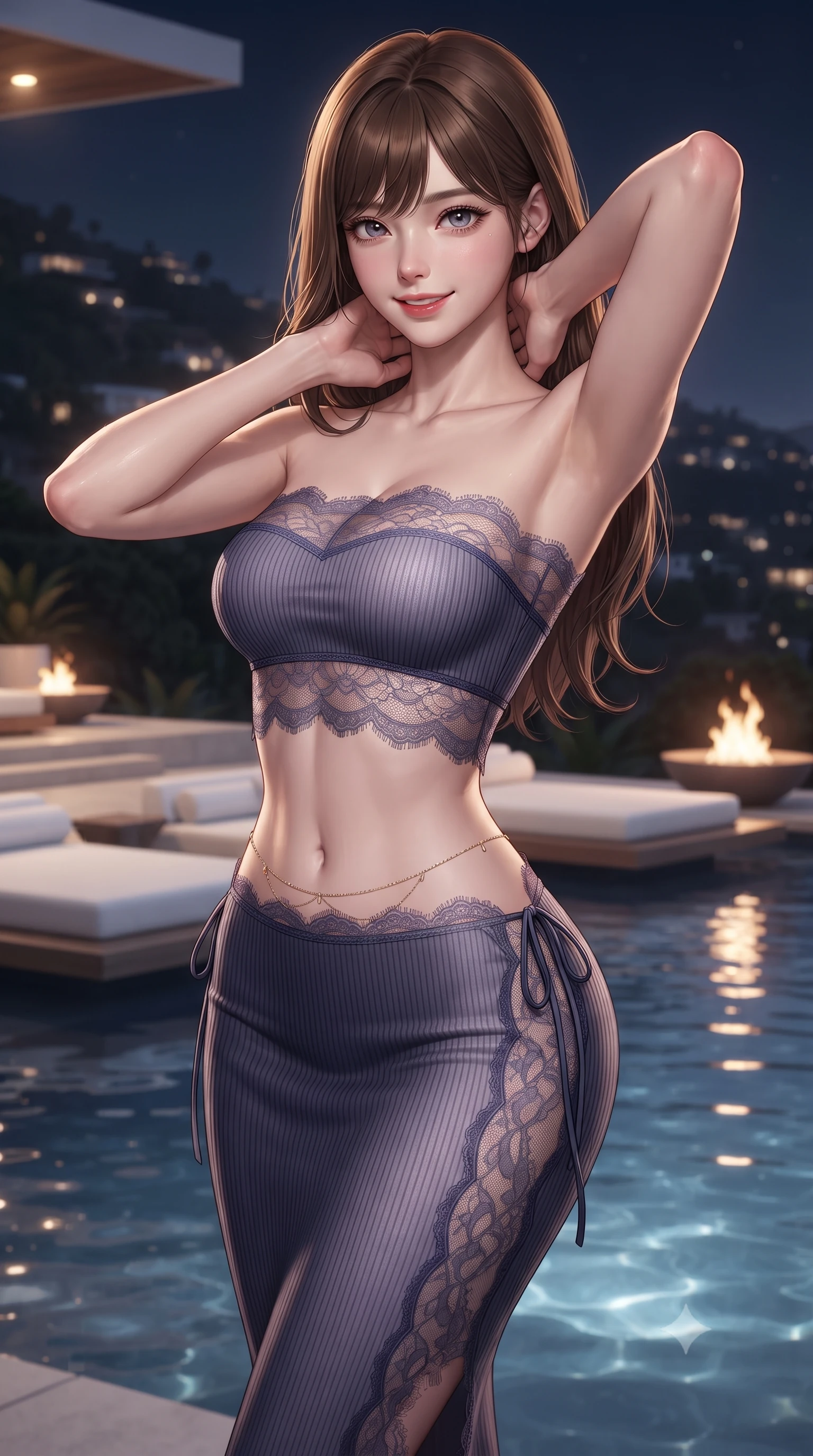 score_9, masterpiece, best quality, ultra-detailed, high-budget anime keyframe, editorial fashion photography, tasteful artistic composition, Korean woman. close-up cowboy shot from the waist and thighs up, the character dominates the composition, filling the frame with her large presence. resting both hands lightly behind her neck with elbows raised, arching her spine to highlight her narrow waist, flat midriff, and breathtaking collarbones while twisting her slender torso in an alluring S-curve, floating white daybeds and shimmering pool water reflecting her hourglass curves. The background shows a soft-focus minimalist fire bowl flames softened in glamorous hillside nocturnal shallow focus. She has an exceptionally elegant, slender, and willowy female figure with an ultra-slim waist, flat toned midriff, narrow ribcage, and sculpted feminine hips creating an alluring, slim hourglass silhouette without bulk. sharp v-shaped jawline, high-bridge nose, sparkling eyes with hypnotic seductive depth, thick curled eyelashes, glossy parted lips with a natural dewy peach sheen, alluring bedroom-eyes with an enchanting coquettish smile, exuding magnetic siren charisma and sophisticated glamour, flawlessly proportioned anatomical accuracy, strict slender model proportions, natural body alignment, perfectly sculpted long slender limbs, ultra-slim waistline, clean dynamic posture without body distortion. wearing a form-contouring ribbed knit tube dress with subtle side-lace ties tracing the curve of her hips in twilight lavender and midnight indigo, made of delicate semi-sheer French Chantilly lace with intricate eyelash edges, accented with a dainty gold belly chain resting across her flat midriff and curving hips, the second-skin tailored fabric adhering flawlessly to her sculpted flat midriff and slender torso, emphasizing her long leg lines and perfectly proportioned willowy build. bathed in warm 2800K glasshouse interior downlighting paired with vast upward city grid light fill. ultra-reflective glossy finish, specular highlights, rich textural contrasts, high-contrast stereoscopic depth, volumetric dynamic lighting, 2k, ultra detail, master piece, 9:16 ratio