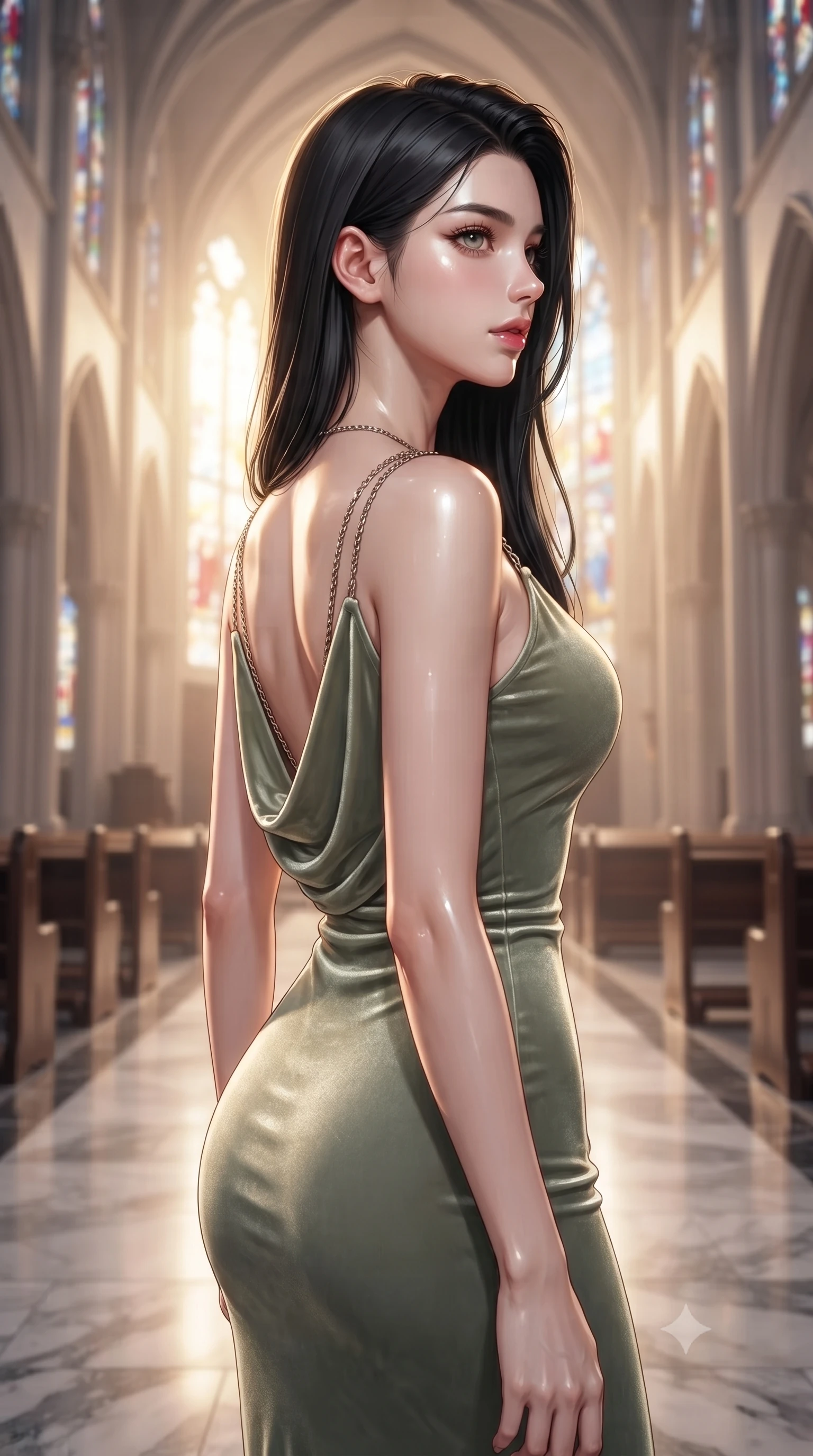 score_9, masterpiece, best quality, ultra-detailed, high-budget anime keyframe, editorial fashion photography, tasteful artistic composition, Korean woman. close-up cowboy shot from the waist and thighs up, the character dominates the composition, filling the frame with her large presence, background elements kept in soft focus. Turning her face in sharp dramatic profile against the bright light, showcasing her sharp v-shaped jawline walking down a polished marble nave lined with tall stained glass arcades, majestic vaulted ceilings rising high into a luminous atmosphere. She has an exceptionally elegant, slender, and willowy female figure with an ultra-slim waist, a gracefully sculpted slender torso, and a refined silhouette. sharp v-shaped jawline, high-bridge nose, intricate jewel-like eyes with depth, thick eyelashes, glossy lips with a natural sheen. wearing a precision-fitted liquid jersey bodycon dress with a draped back in sage green and oatmeal, made of premium stretch velvet with a rich sheen, adorned with delicate metallic chain straps along the neckline, the form-contouring material highlighting her ultra-slim waist and long lines. illuminated by a warm golden key light and brilliant multi-color rim light. ultra-reflective glossy finish, specular highlights, metallic sheen, high-contrast stereoscopic depth, volumetric dynamic lighting, 2k, ultra detail, master piece, 9:16 ratio