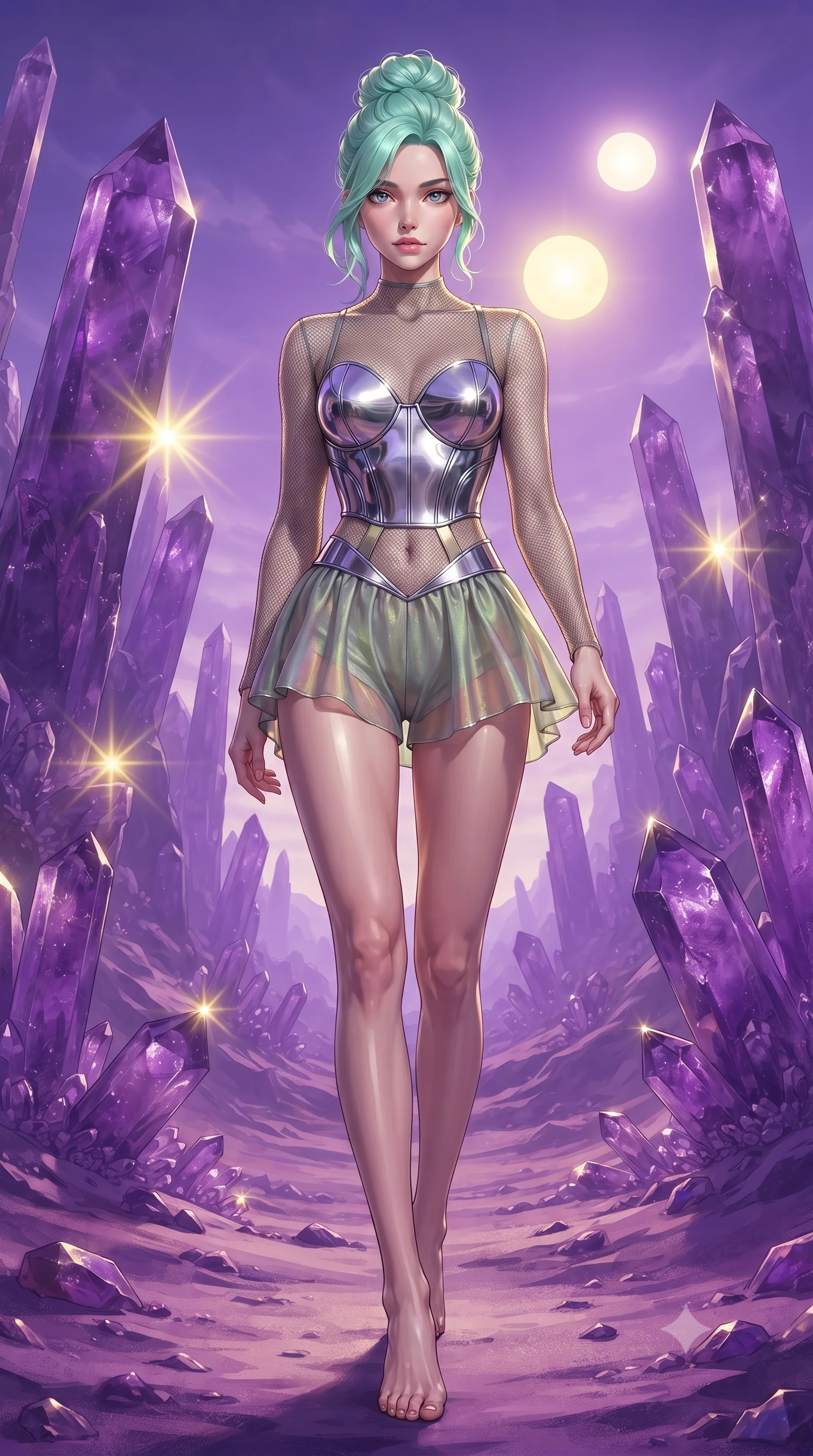 score_9, masterpiece, best quality, ultra-detailed, high-budget anime keyframe, editorial fashion photography, tasteful artistic composition, Japanese woman. low angle full-body shot from head to toe showing her feet, filling the entire 9:16 vertical frame with her statuesque presence, stretching her vertical silhouette. stepping forward with proud posture, filling the vertical frame with her magnetic presence walking through a canyon of purple amethyst spires scattering sunbursts, twin suns casting dramatic dual shadows across the violet desert landscape. She has an absolutely perfect, statuesque 8.5-heads proportion, an exceptionally tall and slender model-like female figure with impossibly long slender legs and an ultra-slim waist. sharp v-shaped jawline, high-bridge nose, intricate jewel-like eyes with depth, thick eyelashes, glossy lips with a natural sheen. wearing a chrome-plated structured bodice worn over a sheer mesh top and micro-shorts in sage green and oatmeal, crafted from iridescent chiffon that shifts colors in the light, featuring subtle geometric cutouts that highlight her ultra-slim midriff, the sleek second-skin texture accentuating her magnetic presence. surrounded by an alien, majestic desert radiance. ultra-reflective glossy finish, specular highlights, metallic sheen, high-contrast stereoscopic depth, volumetric dynamic lighting, 2k, ultra detail, master piece, 9:16 ratio