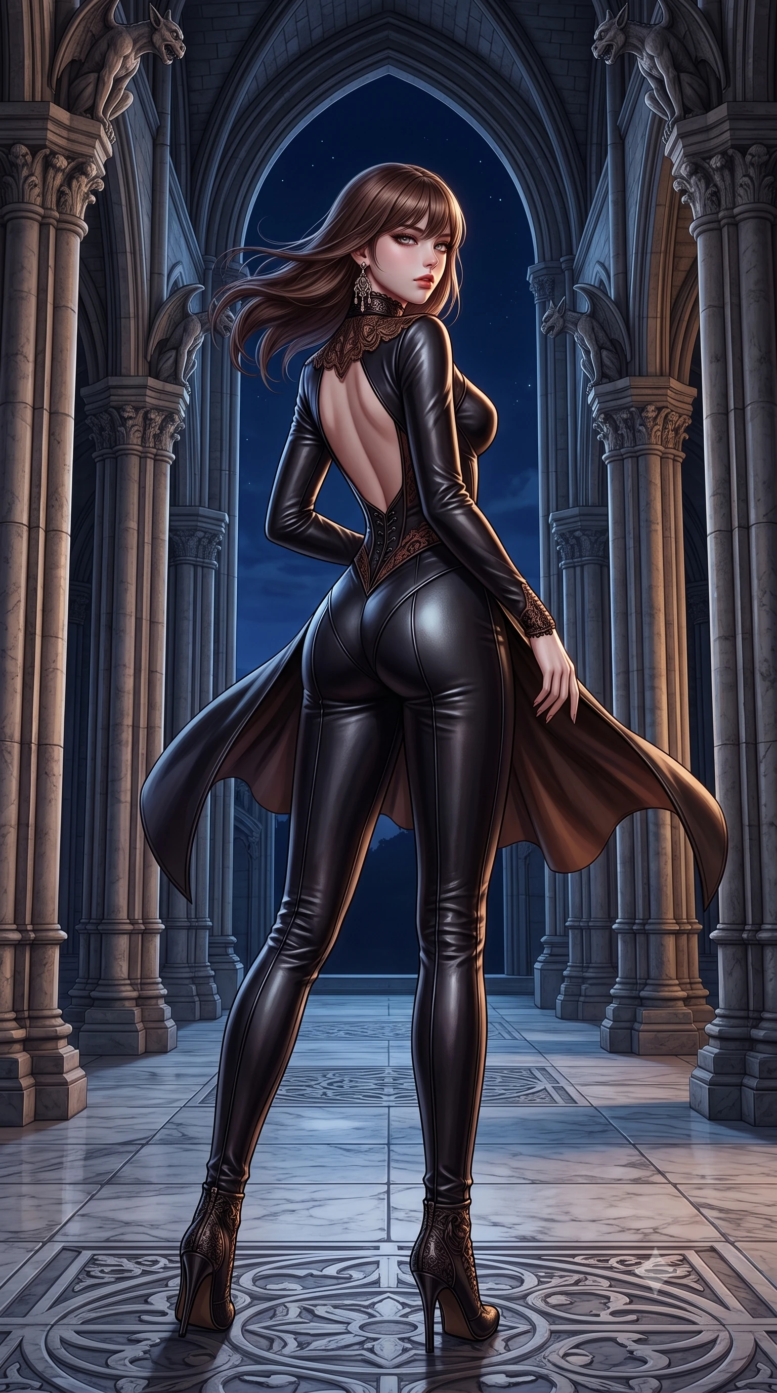 score_9, masterpiece, best quality, ultra-detailed, high-budget anime keyframe, semi-realistic 3D game render, editorial fashion photography, tasteful artistic composition, Korean woman. low angle full-body shot from head to toe showing her feet, filling the entire 9:16 vertical frame with her statuesque presence, stretching her vertical silhouette. executing an elegant mid-motion turn as garments swirl around her slender limbs, glancing over her shoulder with smoldering allure while standing poised between towering fluted stone columns, eyes glowing with hypnotic intensity under the velvet night sky. The surrounding environment is rendered in vivid detail and crisp panoramic clarity. intricate stone rib vaulting, gothic gargoyle carvings, and cold marble flagstone textures in deep focus. She has an absolutely perfect, statuesque 8.5-heads proportion, an exceptionally tall and slender model-like female figure with impossibly long slender legs, a toned flat midriff, and an ultra-slim waist. sharp v-shaped jawline, high-bridge nose, intricate jewel-like eyes with depth, thick eyelashes, glossy parted lips with a natural sheen, intensely captivating and seductive expression, flawlessly proportioned anatomical accuracy, strict slender model proportions, natural body alignment, perfectly sculpted long slender limbs, ultra-slim waistline, clean dynamic posture without body distortion. wearing a second-skin midnight leather catsuit featuring an open back and delicate lace-patterned collar in shadowy espresso brown and molten bronze, made of fluid silk crepe with delicate inner corsetry boning, finished with a dramatic filigree Victorian choker and chandelier earrings, the liquid-tight tailored fabric emphasizing every curve of her tall, slender model proportions and sculptured silhouette during dynamic movement. illuminated by crisp specular highlights defining her sculpted jawline, bare spine, and long limbs. highly saturated vibrant anime colors, detailed shading with soft gradients, rich glossy textures, high-contrast stereoscopic depth, volumetric dynamic lighting, master piece, 9:16 ratio