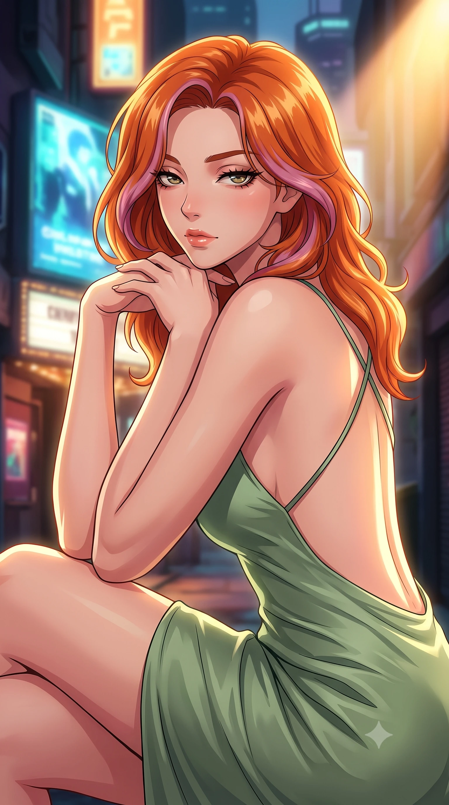 score_9, masterpiece, best quality, ultra-detailed, high-budget anime keyframe, tasteful artistic composition, Caucasian woman. close-up cowboy shot from the waist and thighs up, the character dominates the composition, filling the frame with her large presence, background elements kept in soft focus. resting her chin on the backs of her fingers, casting a heavy-lidded, sultry look past the camera the background shows a soft-focus a secluded alleyway behind a glowing cybernetic theatre facade. She has an exceptionally elegant, slender, and willowy female figure with an ultra-slim waist, a gracefully sculpted slender torso, and a refined silhouette. sharp v-shaped jawline, high-bridge nose, intricate jewel-like eyes with depth, thick eyelashes, glossy lips with a natural sheen. wearing a form-contouring lightweight silk sundress in sage green with a dramatic open-back and thin criss-cross straps. dramatic theater spotlights casting a bright warm key light on her silhouette. highly saturated vibrant anime colors, cel-shading, 2d style, master piece, 9:16 ratio