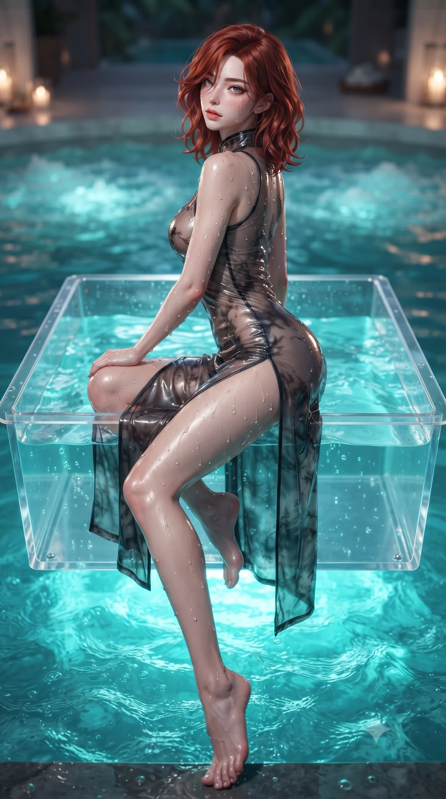 score_9, masterpiece, best quality, ultra-detailed, high-budget anime keyframe, editorial fashion photography, tasteful artistic composition, Korean woman. low angle full-body shot from head to toe showing her feet, filling the entire 9:16 vertical frame with her statuesque presence, stretching her vertical silhouette. walking along the terrace with poise, looking back over her bare shoulder with an irresistible smoldering bedroom-gaze while sitting poised inside the clear acrylic jacuzzi suspended over the glowing turquoise lagoon, arching her spine with wet-look siren grace as neon-cyan plankton waves wash beneath. The background shows a soft-focus bubbling hydrotherapy jet rings softened in intimate tropical luxury shallow focus. She has an absolutely perfect, statuesque 8.5-heads proportion, an exceptionally tall and slender model-like female figure with impossibly long slender legs, an ultra-slim waist, a flat toned midriff, narrow delicate ribcage, and beautifully sculpted feminine hips creating a graceful, slim hourglass silhouette without any bulky heaviness. sharp v-shaped jawline, high-bridge nose, sparkling eyes with hypnotic seductive depth, thick curled eyelashes, glossy parted lips with a natural dewy peach sheen, alluring bedroom-eyes with an enchanting coquettish smile, exuding magnetic siren charisma and sophisticated glamour, flawlessly proportioned anatomical accuracy, strict slender model proportions, natural body alignment, perfectly sculpted long slender limbs, ultra-slim waistline, clean dynamic posture without body distortion. wearing a modern cheongsam-inspired form-fitting sheer mesh cocktail dress with mandarin collar and dramatic hip-high side slits in smoky charcoal and metallic platinum, crafted from wet-look high-gloss vinyl fabric with dazzling specular surface reflections, finished with glistening drops of lagoon or spa water beading across her sculpted shoulders and collarbones, the glove-like clinging cut tightly following the natural contour of her hips and long slender legs with youthful 8.5-heads elegance. bathed in supernatural glowing neon-cyan light radiating upward from bioluminescent lagoon waters mixed with celestial starlight. ultra-reflective glossy finish, specular highlights, rich textural contrasts, high-contrast stereoscopic depth, volumetric dynamic lighting, 2k, ultra detail, master piece, 9:16 ratio