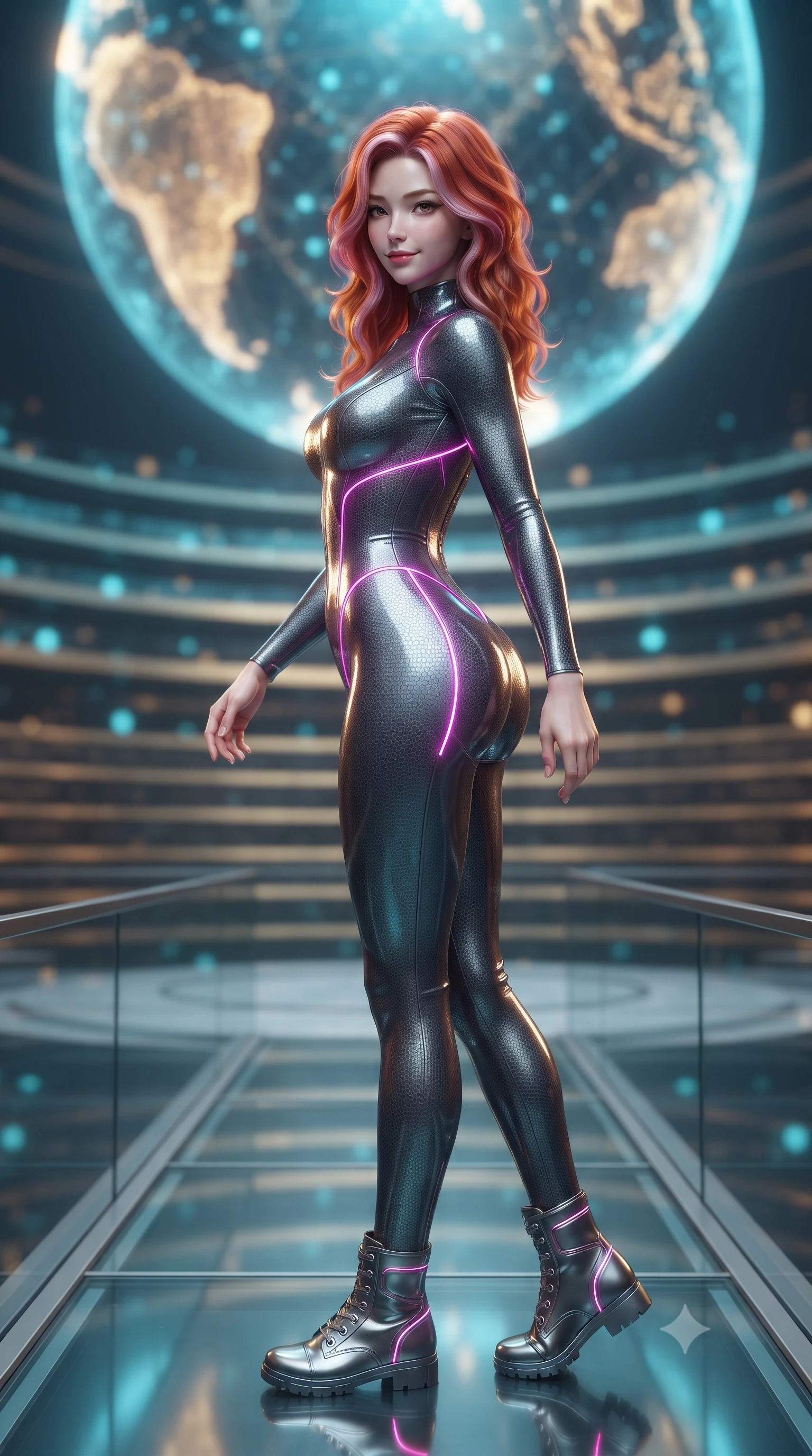score_9, masterpiece, best quality, ultra-detailed, high-budget anime keyframe, editorial fashion photography, tasteful artistic composition, Caucasian woman. low angle full-body shot from head to toe showing her feet, filling the entire 9:16 vertical frame with her statuesque presence, stretching her vertical silhouette. walking slowly along the transparent glass skybridge, looking back over her shoulder with an air of effortless grace and an alluring, smoldering smile while standing in the center of the semicircular amphitheater beneath a colossal floating planetary matrix, arching her spine with sovereign authority. The background shows a soft-focus the colossal 30-meter floating holographic globe and concentric council seating tiers blurred into cyan, gold, and obsidian bokeh. She has an absolutely perfect, statuesque 8.5-heads proportion, an exceptionally tall and slender model-like female figure with impossibly long slender legs, an ultra-slim waist, a flat toned midriff, narrow delicate ribcage, and beautifully sculpted feminine hips creating a graceful, slim hourglass silhouette without any bulky heaviness. sharp v-shaped jawline, high-bridge nose, intricate jewel-like sparkling eyes with depth, thick eyelashes, glossy parted lips with a natural sheen, bright confident smile with an enchanting and coquettish sensual glint, exuding both youthful magnetic charm and sovereign high-tech allure, flawlessly proportioned anatomical accuracy, strict slender model proportions, natural body alignment, perfectly sculpted long slender limbs, ultra-slim waistline, clean dynamic posture without body distortion. wearing an aerodynamic second-skin combat bodysuit with hexagonal carbon weave and glowing circuit seam piping in deep titanium gunmetal and radiant magenta neon, made of smooth liquid latex with high-contrast stereoscopic depth and wet shine, finished with delicate carbon-fiber boning framing the narrow waistline, the liquid-tight tailored fabric clinging flawlessly to her narrow waist and rounded feminine hips, emphasizing every millimeter of her sculpted slim hourglass curves without any bulky heaviness. bathed in regal gold and cyan holographic light radiating from the floating globe matrix. ultra-reflective glossy finish, specular highlights, rich textural contrasts, high-contrast stereoscopic depth, volumetric dynamic lighting, 2k, ultra detail, master piece, 9:16 ratio